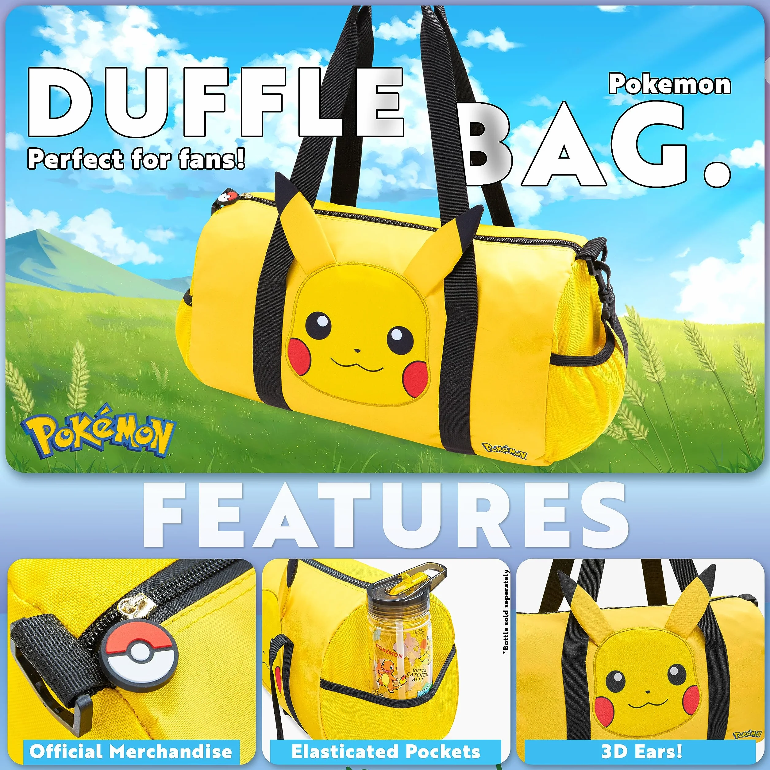 Pokémon Torba Podróżna dla Dzieci - Gimnastyczna, Przez Noc, Sportowa, Pikachu Football Kit Holdall - Prezenty dla Chłopców, Jeden Rozmiar, Żółte Uszy 3D