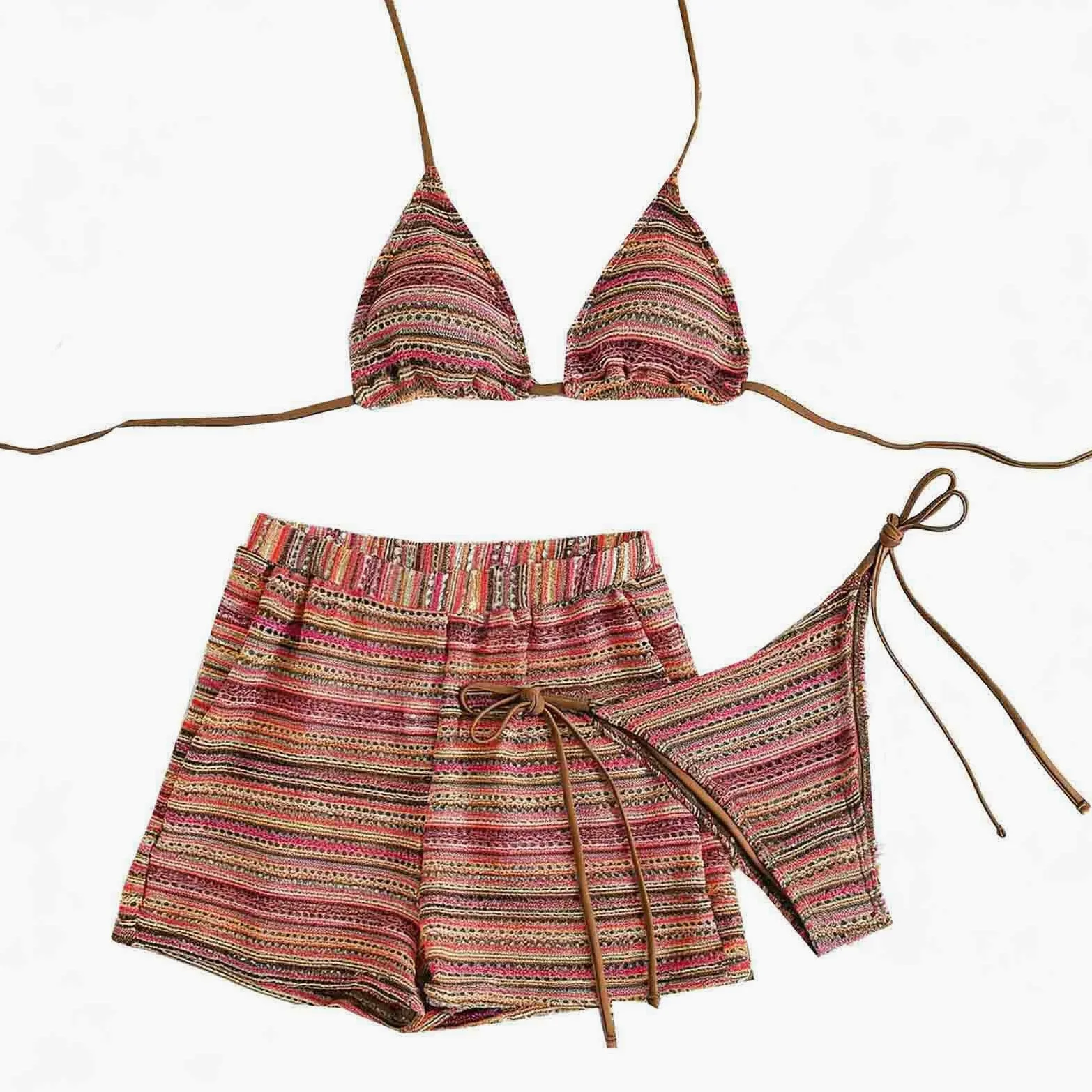 Zestaw bikini damski trzyczęściowy strój kąpielowy z wyściółką na szyi dopasowana sylwetka kolor kontrastowy design wakacje plaża letni styl