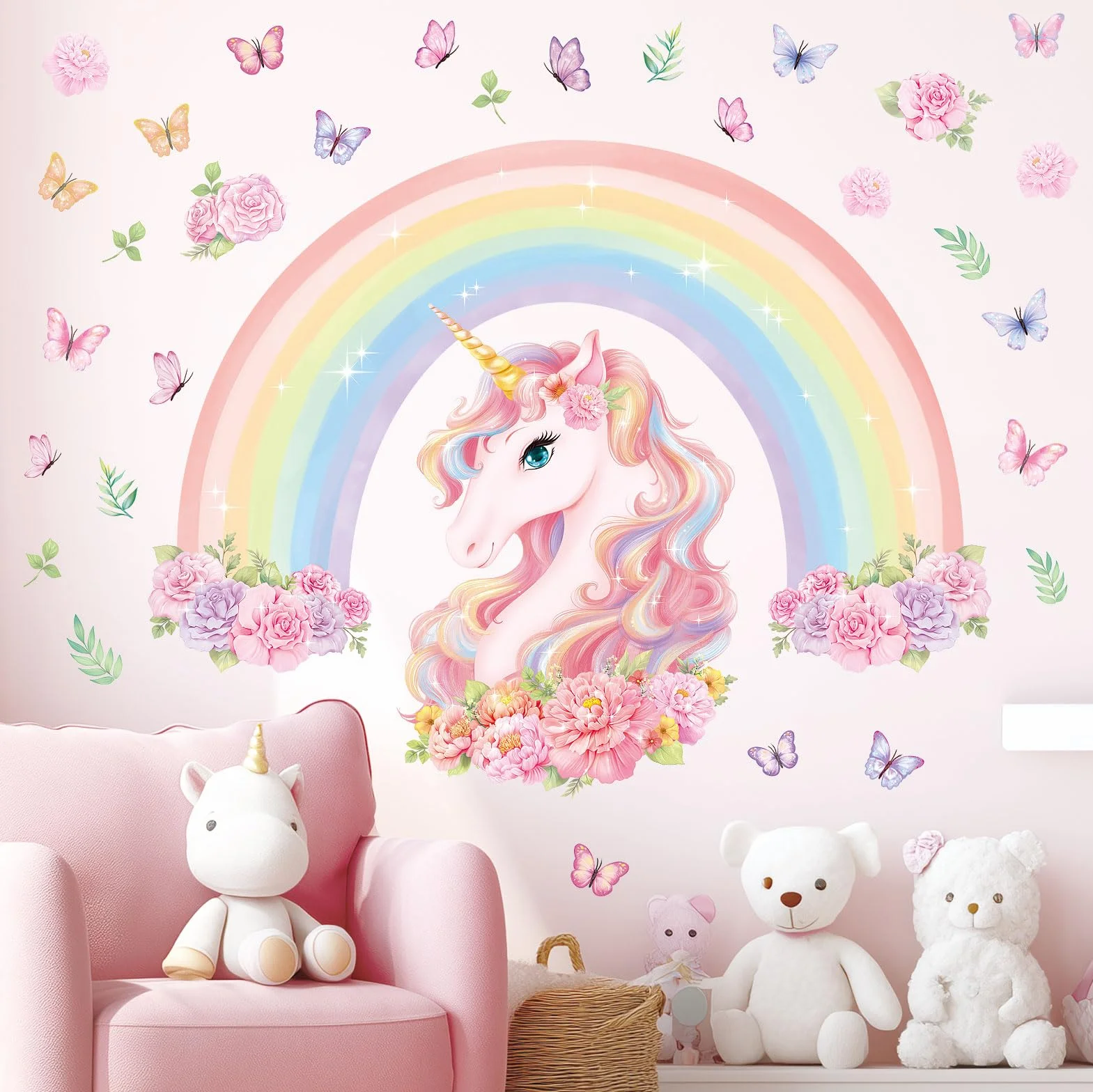 DECOWALL SG2-2413 duży tatuaż ścienny z tęczą i jednorożcem do pokoju dziecięcego, dekoracja do domu, sztuka, różowy, pokój dziewczynki, tęcza, sypialnia, kolorowe dekoracje, zwierzęta, pokój zabaw
