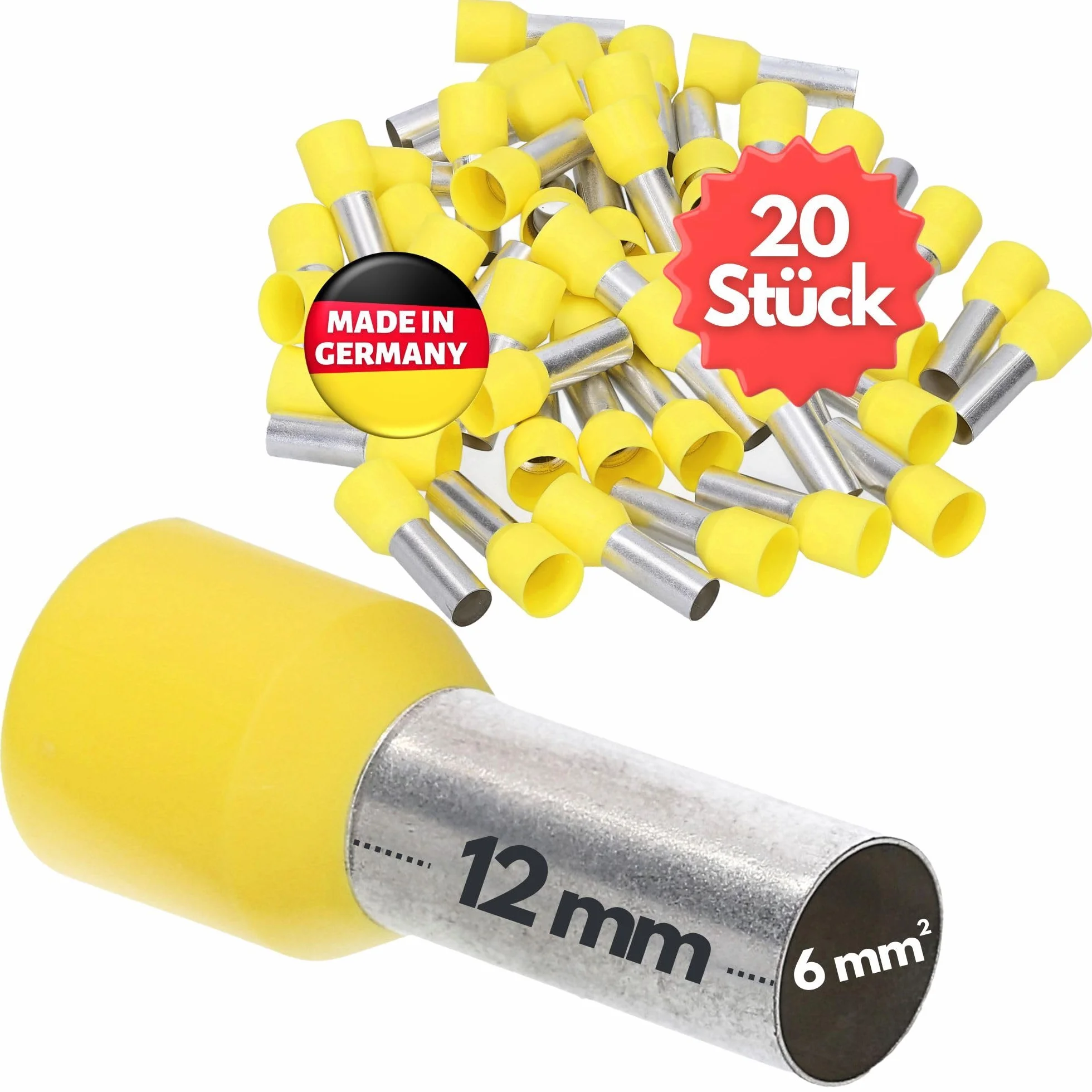 Kalitec AE612GESB 20 sztuk tulejek kablowych, izolowane, 6,0 mm², długość 12 mm, żółte, Made in Germany, jakość przemysłowa
