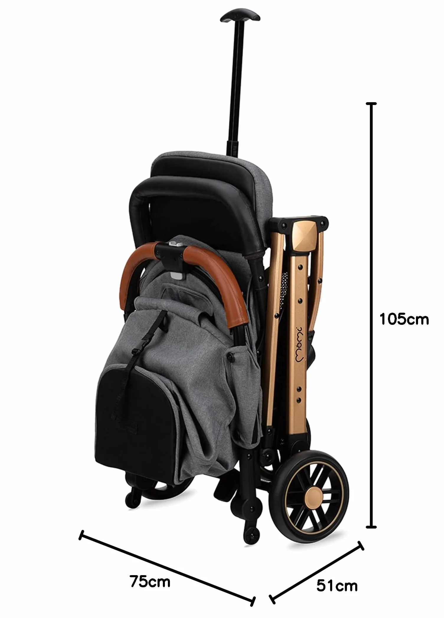 MOMI ESTELLE wózek dziecięcy dla dzieci od 6 miesięcy, do maks. wagi ciała 15 kg, składany do wymiarów 65 x 51 x 21 cm, waga 7,5 kg, 5-punktowy pas bezpieczeństwa, walizka, szaro-złoty