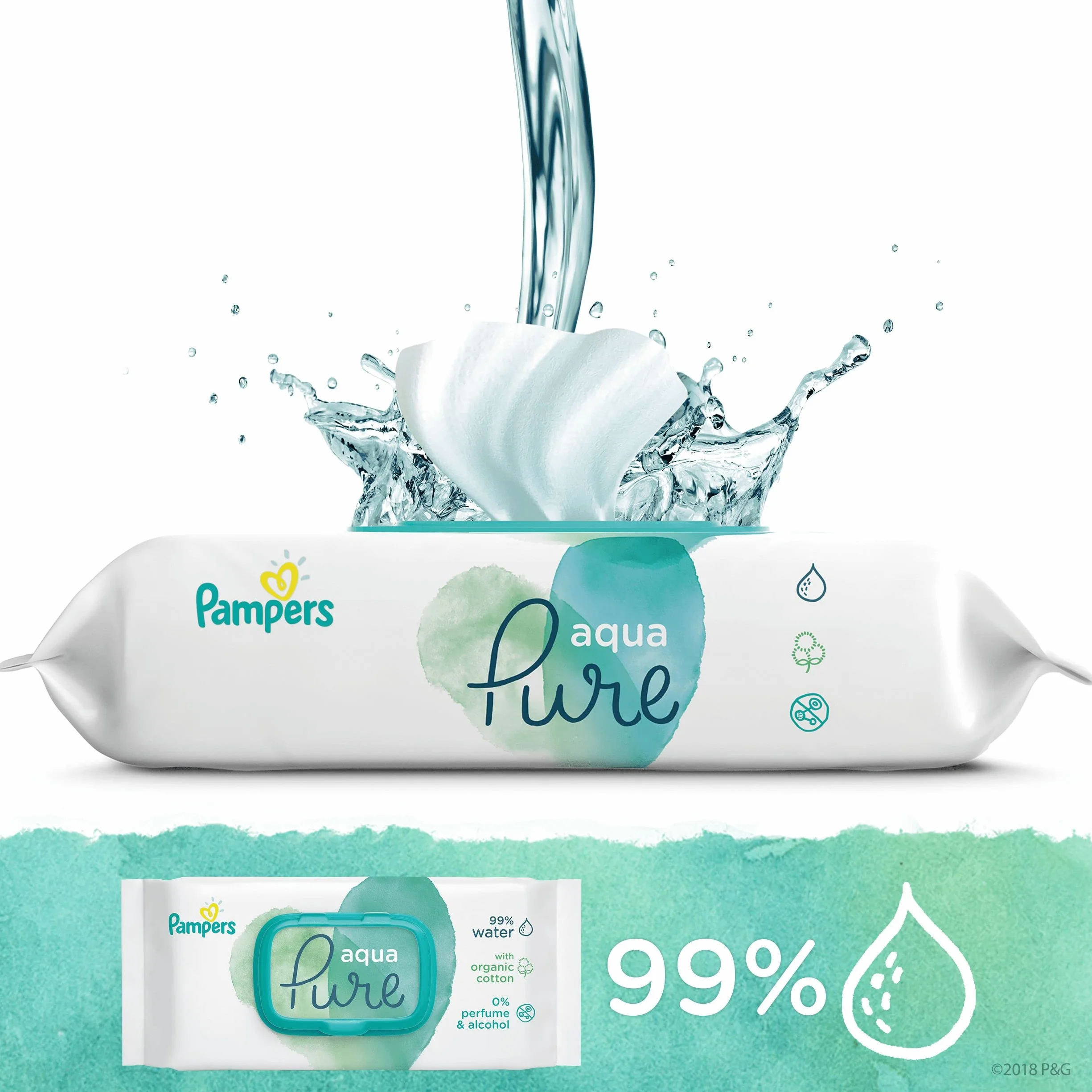Pampers Aqua Pure Chusteczki Nawilżane Dla Niemowląt i Dzieci 864 Sztuk (18 x 48), Wykonane w 99% z Czystej Wody, Testowane Dermatologicznie