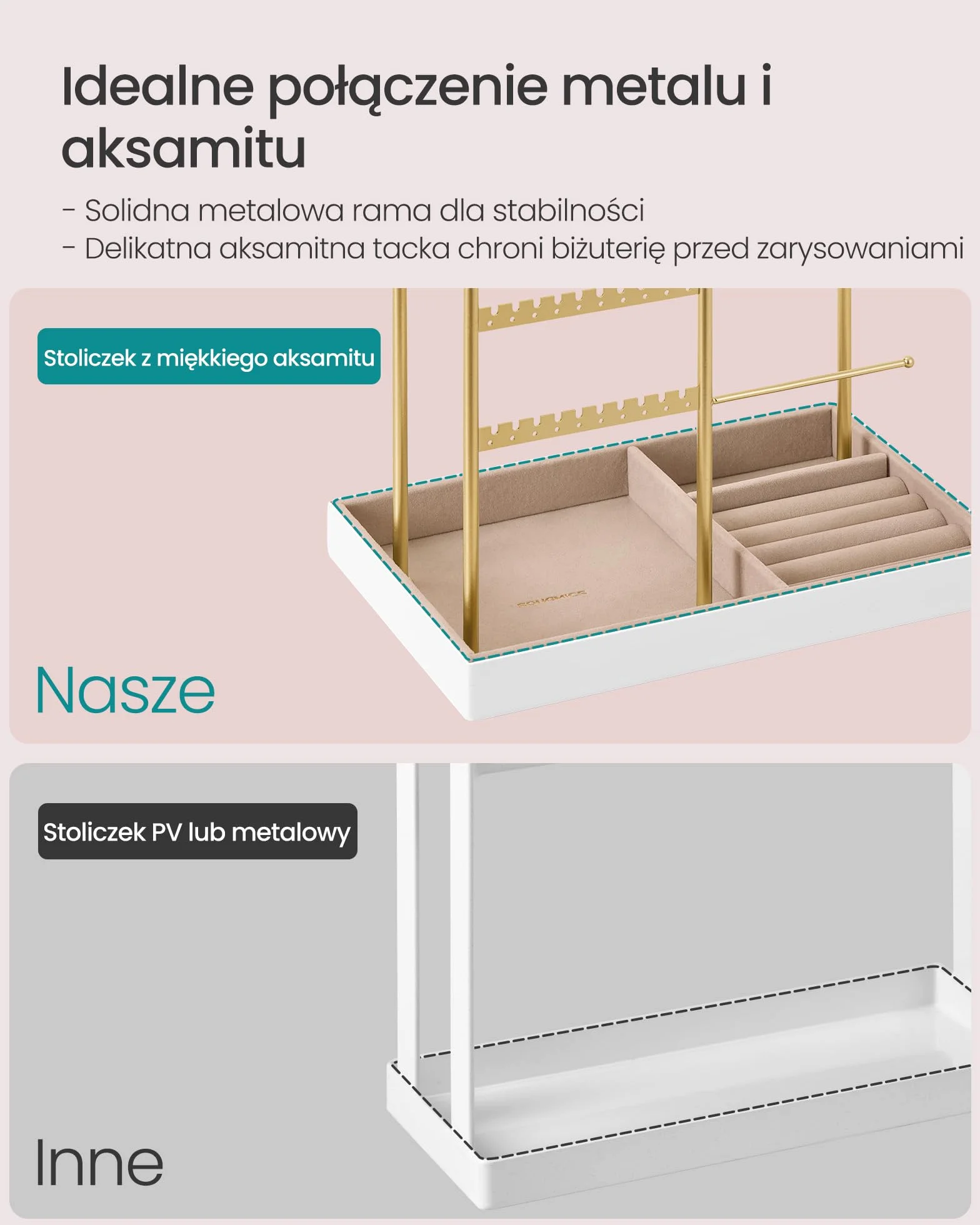 SONGMICS Stojak na biżuterię, metalowa rama, aksamitna tacka na biżuterię, przechowywanie biżuterii na naszyjniki, bransoletki, kolczyki, sztyfty i pierścionki