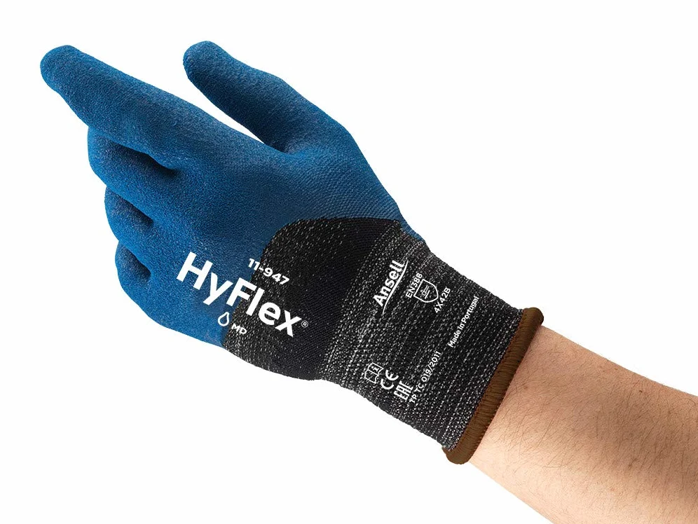 Ansell Hyflex 11-947 Oléofogs Work Rękawiczki, doskonała przyczepność i odporność na ścieranie, ochrona przed kawałkami, profesjonalne EPI, niebieski, rozmiar L (12 par)