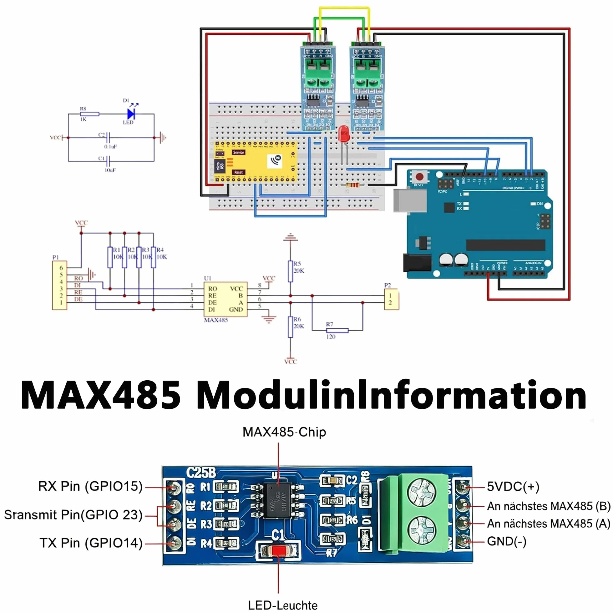 8 modułów MAX485 5 V TTL do RS485 Converter Moduły, płytka rozwojowa TTL do -RS-485-MCU, niskie zużycie energii i nadajnik, z Arduino Raspberry Pi DIY