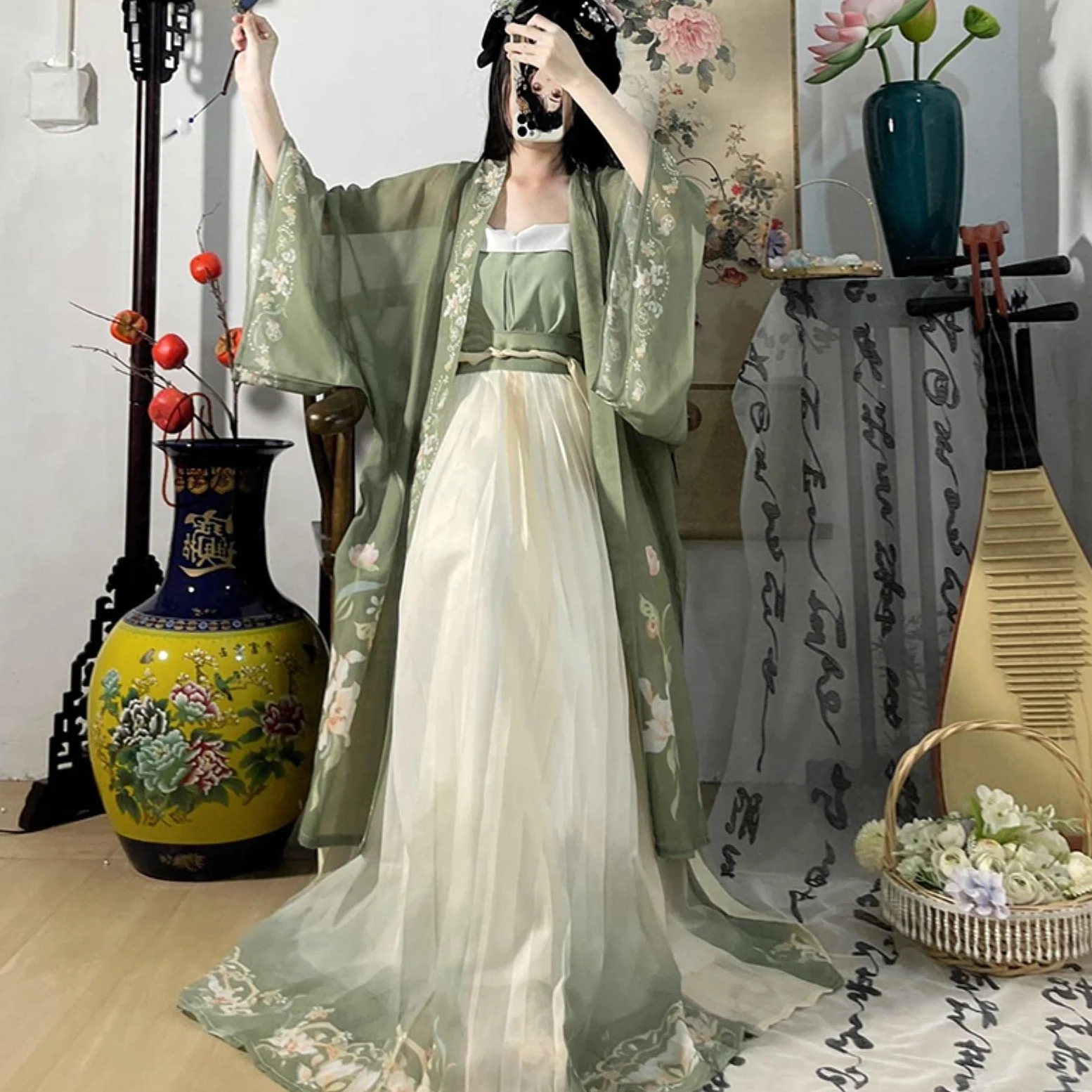 Chińska sukienka Hanfu 3 sztuk zestaw herbata zielona płynąca sukienka maxi chińskie starożytne kobiety sukienka haftowana kostium do strzelania ukończenie szkoły-jeden zestaw 3 szt., L, CN (tylko 1