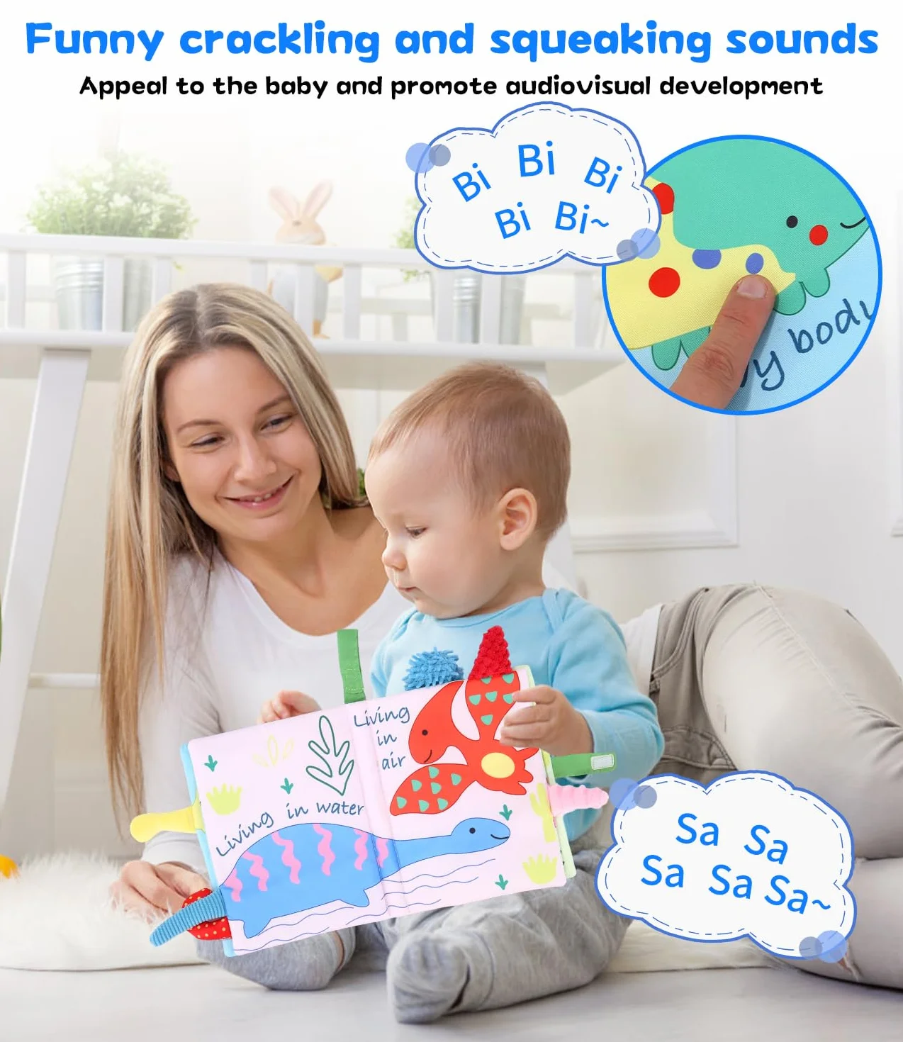 Montessori Quiet Book dla niemowląt, książka materiałowa dla niemowląt – 2-częściowy zestaw z książeczką z uczuciami i książeczką trzaskającą od 0, 3, 6 miesięcy, zabawka sensoryczna dla dzieci