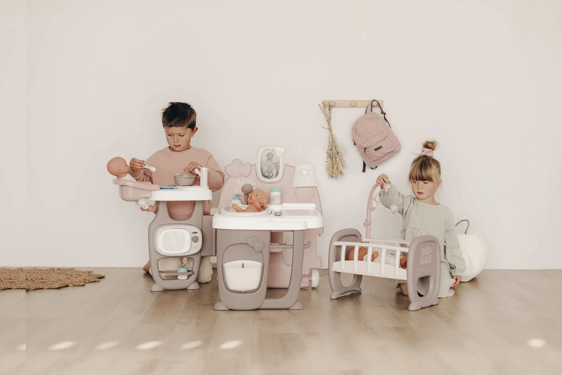 Smoby 7600220376 Baby Nurse Kącik opiekunki 3w1, wielofunkcyjny domek dla lalek, kuchnia, łazienka, sypialnia, 149,1x71x71 cm