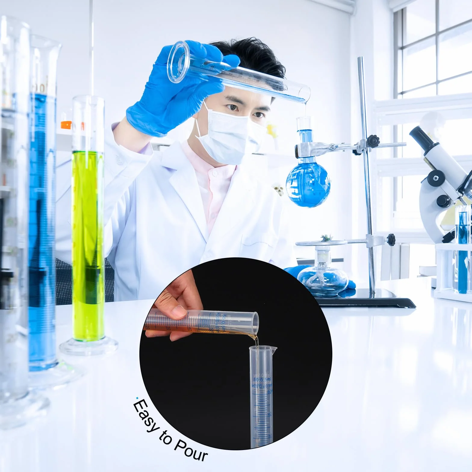 PATIKIL 5 szt. 10/25/50/100/250 ml PP plastikowy cylinder z podziałką 5 szt. 50 ml/100 ml/250 ml/500 ml/1000 ml plastikowa zlewka i 3 szt. 50 ml/100 ml/500 ml kolba, 10 szt. 3 ml plastikowa pipeta
