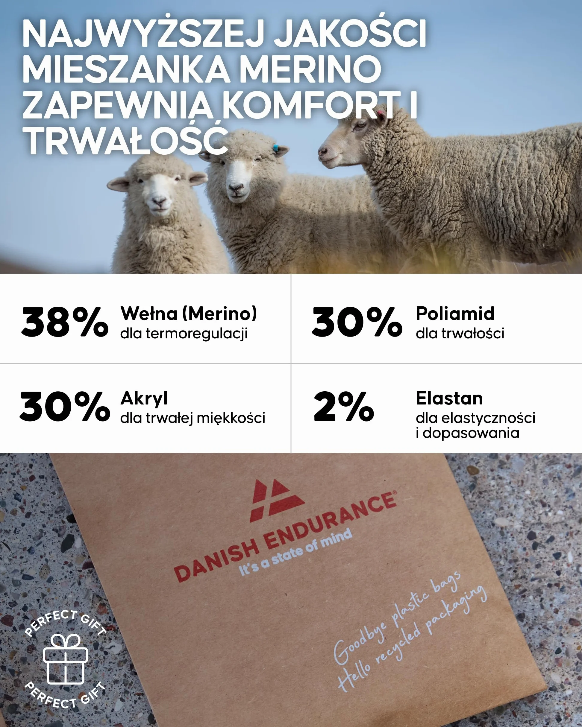 DANISH ENDURANCE Wysokie Skarpety Trekkingowe z Wełny Merino, Do Kolana, Amortyzowane, Męskie i Damskie, 1-Pak lub 3-Pak