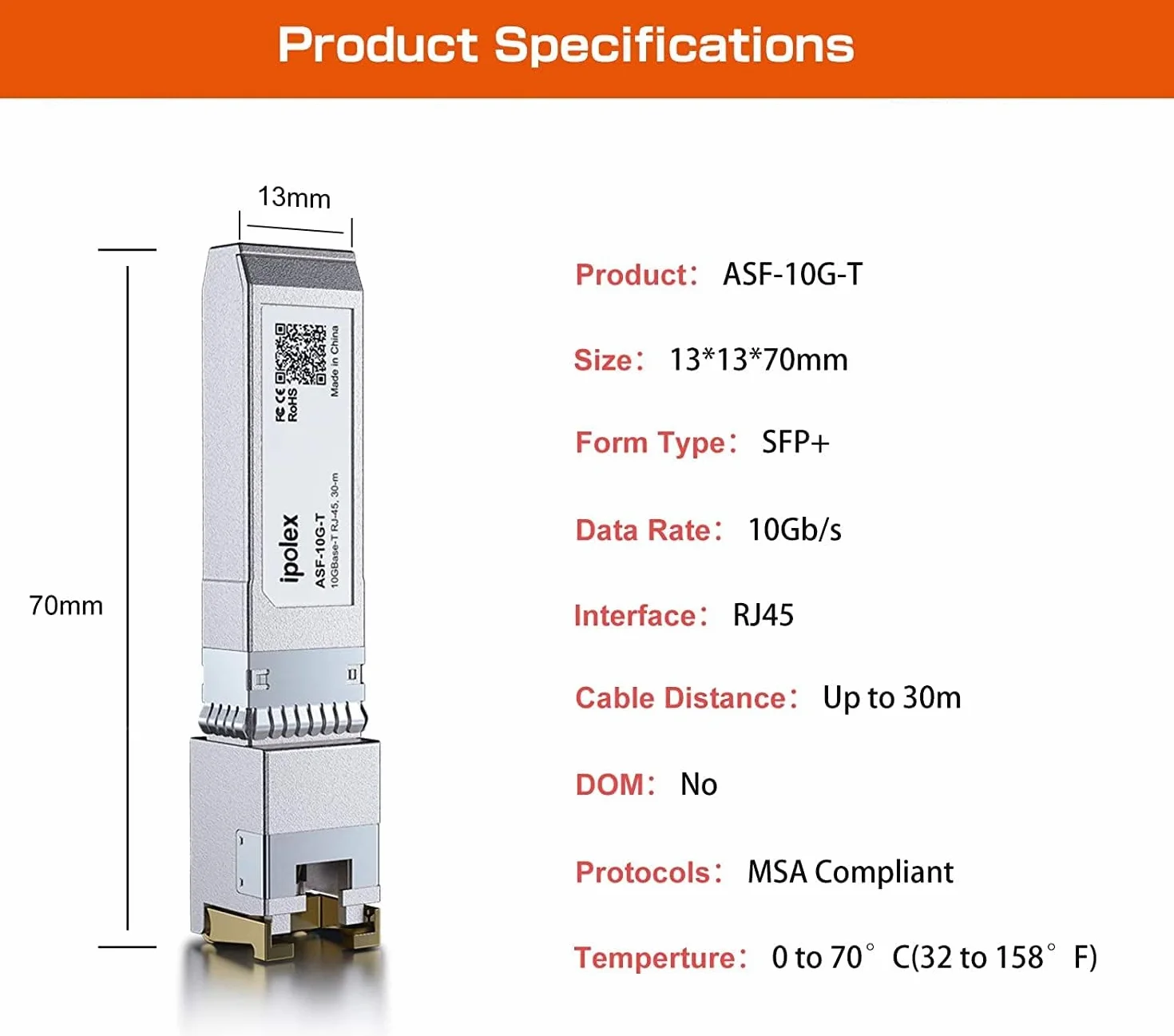 ipolex 10G RJ45 Copper SFP+ Transceiver, 10GBase-T 30 m Mini-Gbic moduł kompatybilny z Ubiquiti UniFi UF-RJ45-10G, Cisco SFP-10G-T-S, Mikrotik S+RJ10, Netgear itp. 1 opakowanie