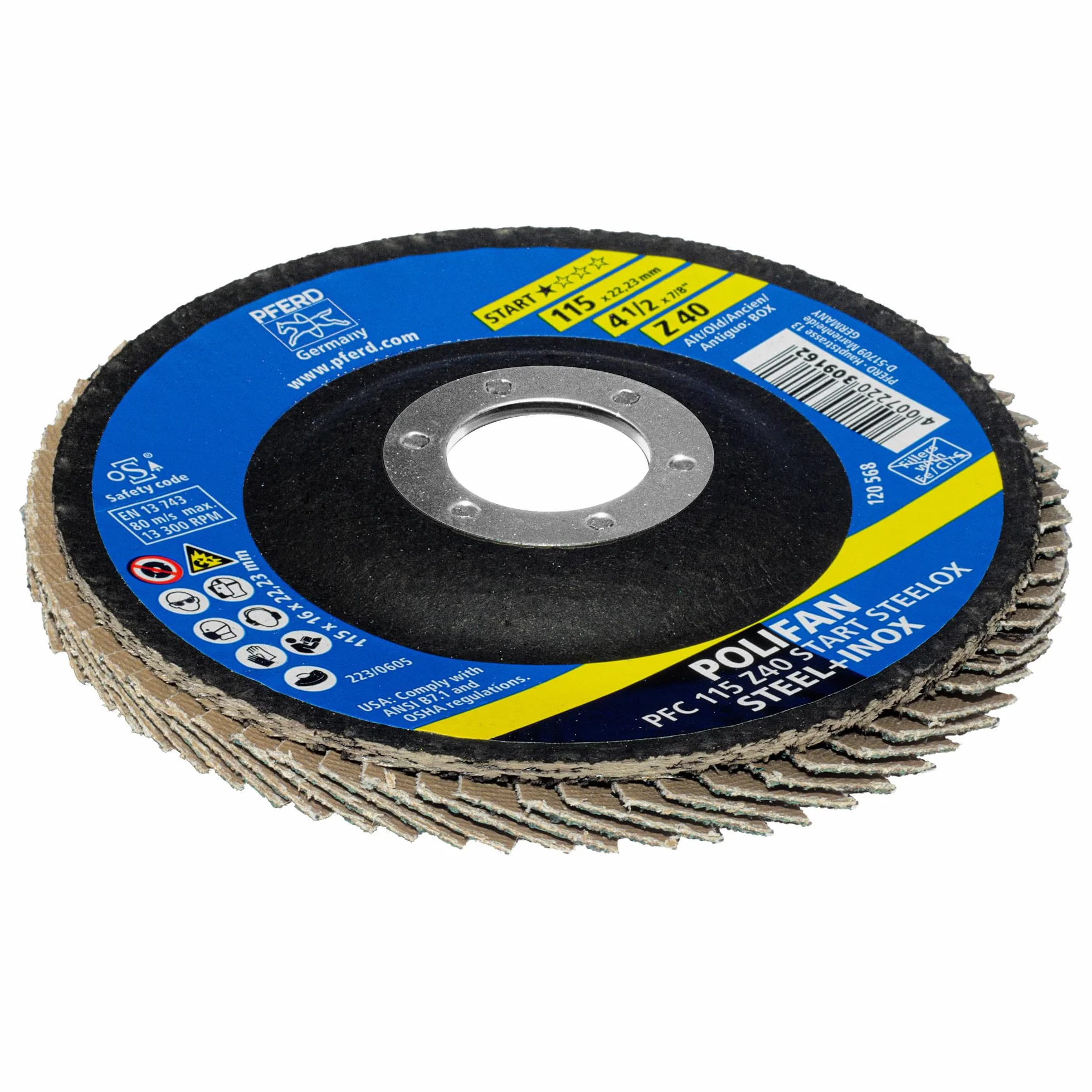 PFERD POLIFAN-Z-BOX – 10 x tarcza wachlarzowa 125 mm, Z60, otwór 22,23 mm, 69300935 – zapewnia wysoką wydajność obróbki i solidną trwałość stali i stali nierdzewnej (INOX)