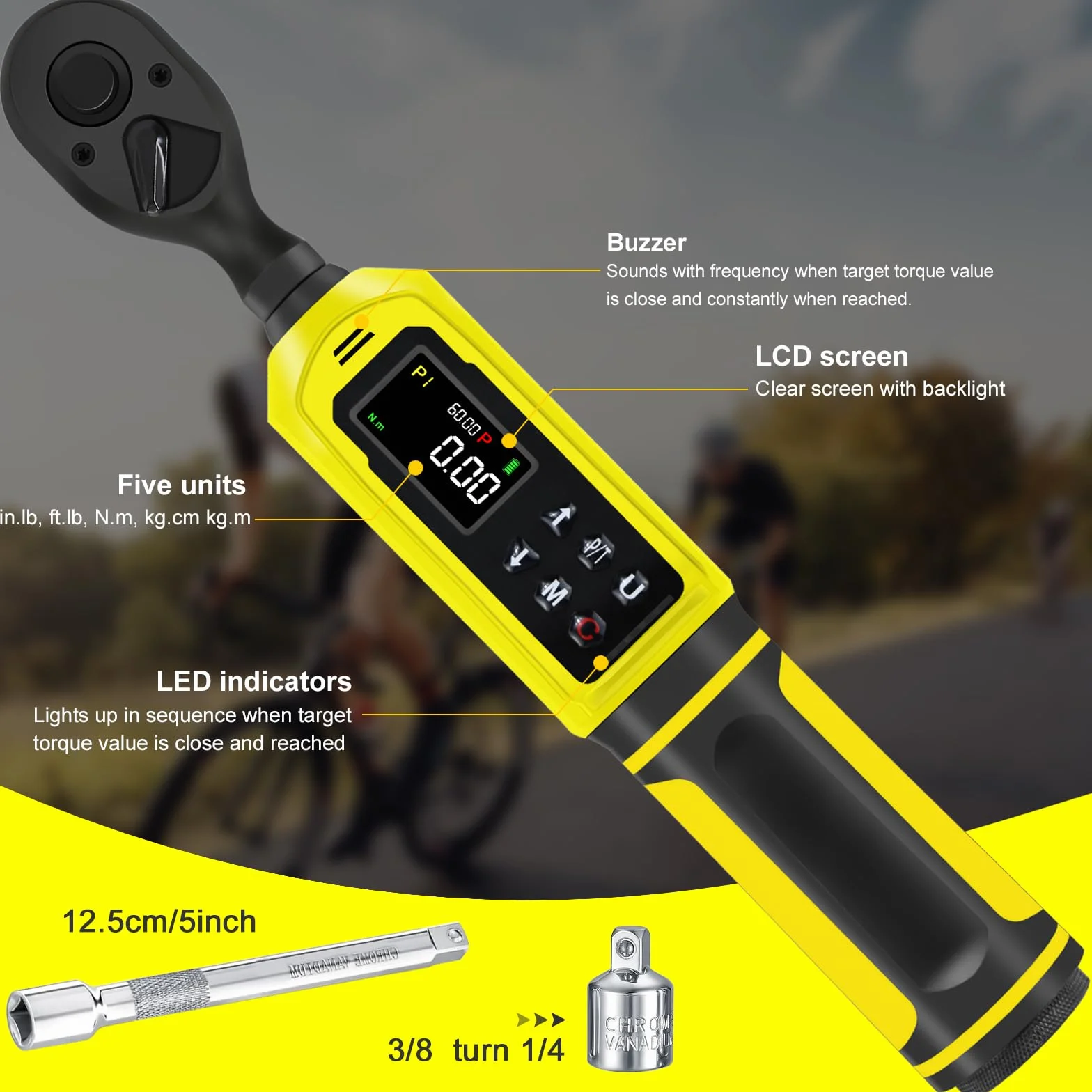 ATsafepro 3/8" Drive Cyfrowy klucz toru, Klucz toru 0,9-60 Nm, Dokładność ±2%, 5 jednostek (in-lb/ft-lb/Nm/kg-cm/kg.m), LCD z sygnalizacją dźwiękową i LED dla roweru, motocykla i samochodu