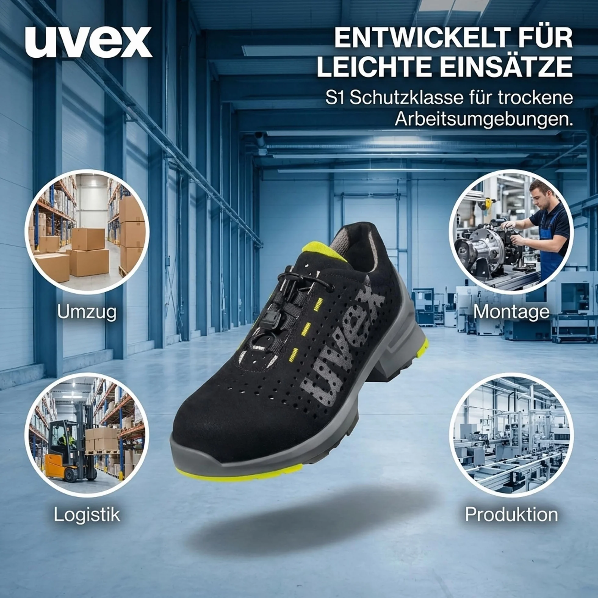 uvex 1 perforowane półbuty, buty ochronne S1 SRC, buty robocze dla kobiet i mężczyzn, czarne/limonkowe