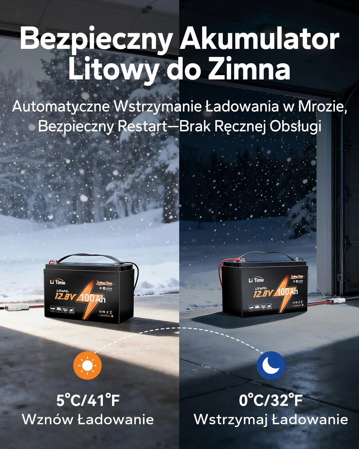 Litime 12V 100Ah Akumulator LiFePO4 – Głębokiego Cyklu, BMS 100A, Ochrona przed Niską Temperaturą, 4000–15000 Cykli, Idealny do Silników Trollingowych, Łodzi, Kamperów