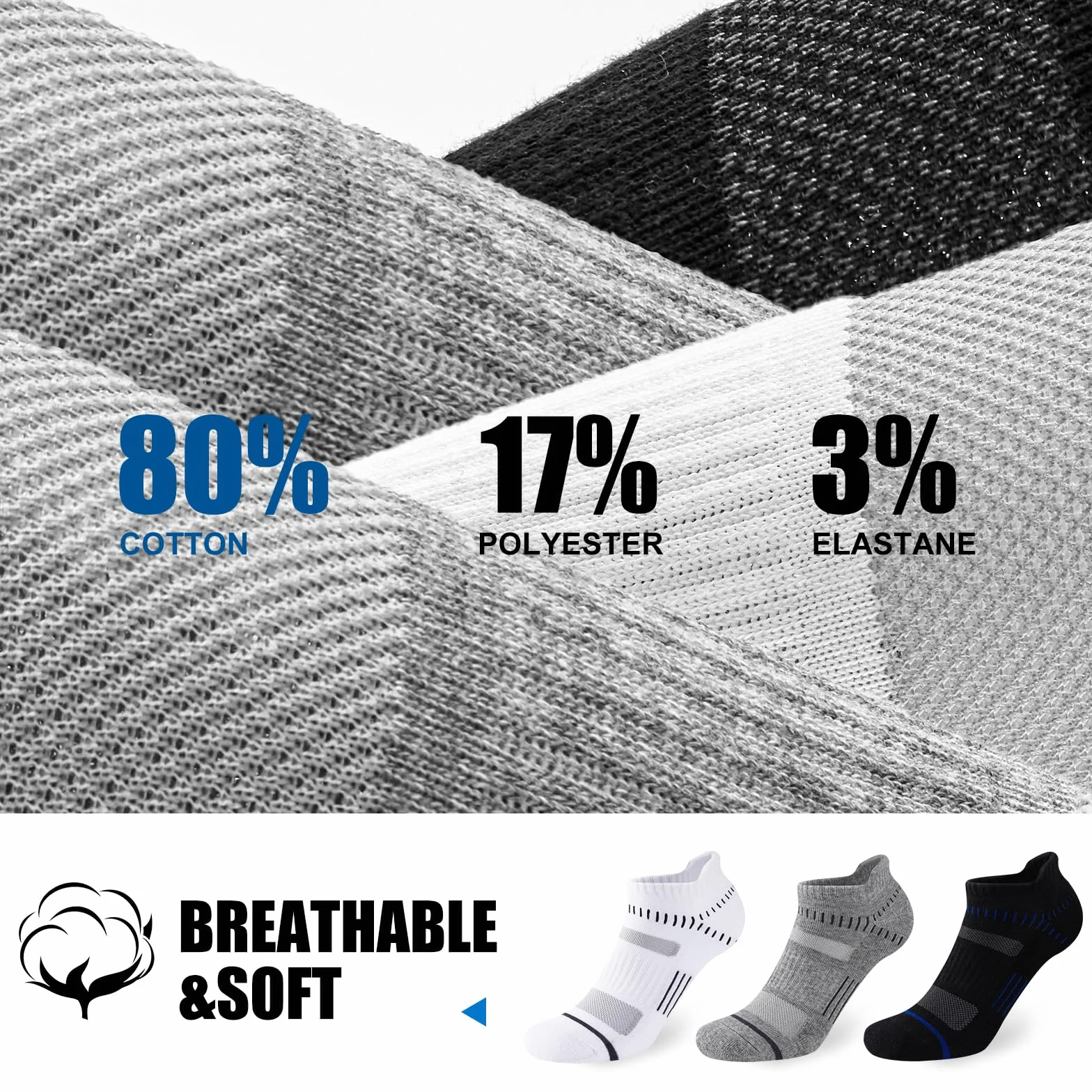 Niofind Męskie Skarpety Sportowe Do Kostek 6 Par, Amortyzujące Unisex, Bawełniane Oddychające Szybkoschnące, Do Biegania Dojazdów Pieszych Wędrówek, Klasyczne Czarne/Białe/Szare