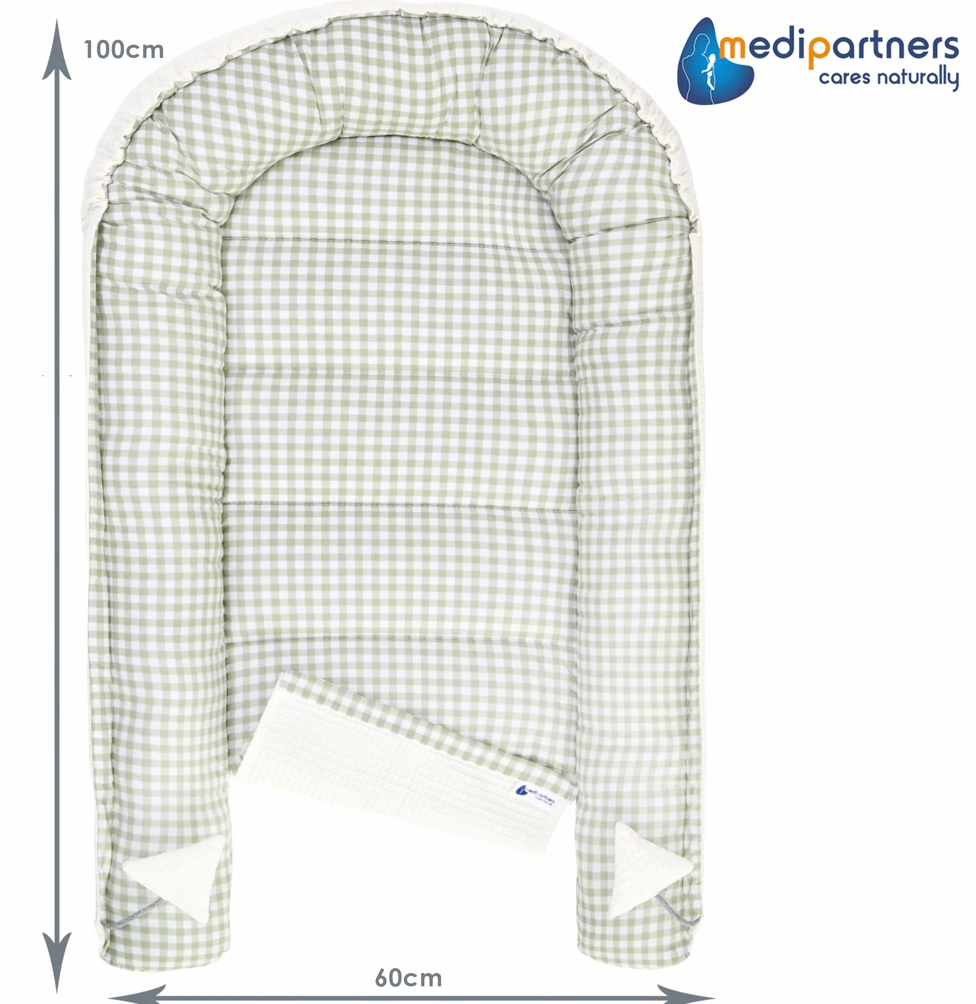 Dwustronny Kokon dla niemowląt 100% Bawełna Wafel 100x60x15cm Antyalergiczne wypełnienie Medi Partners Bezpieczne zapięcie (Kratka z oliwkowym Waflem)