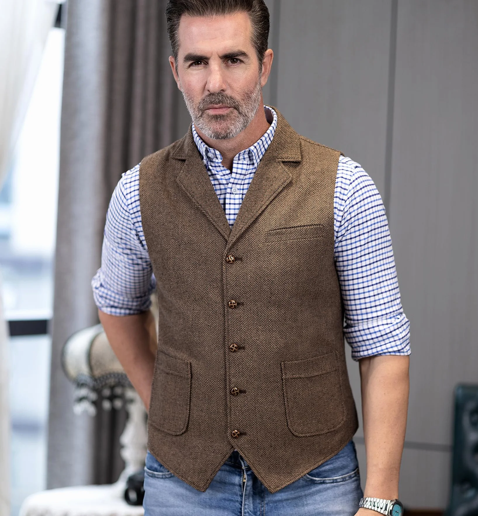 Tuikayoo Męska kamizelka Western Herringbone Tweed Garnitur Wełna Slim Fit Wełna