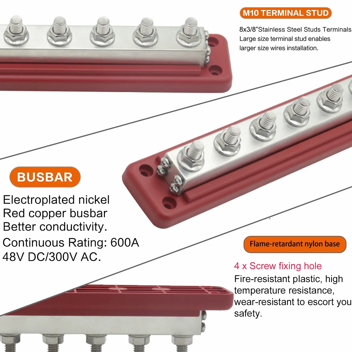 Szyna zbiorcza miedziana 600 A 12 V-48 V DC 300 V AC M10 blok rozdzielający