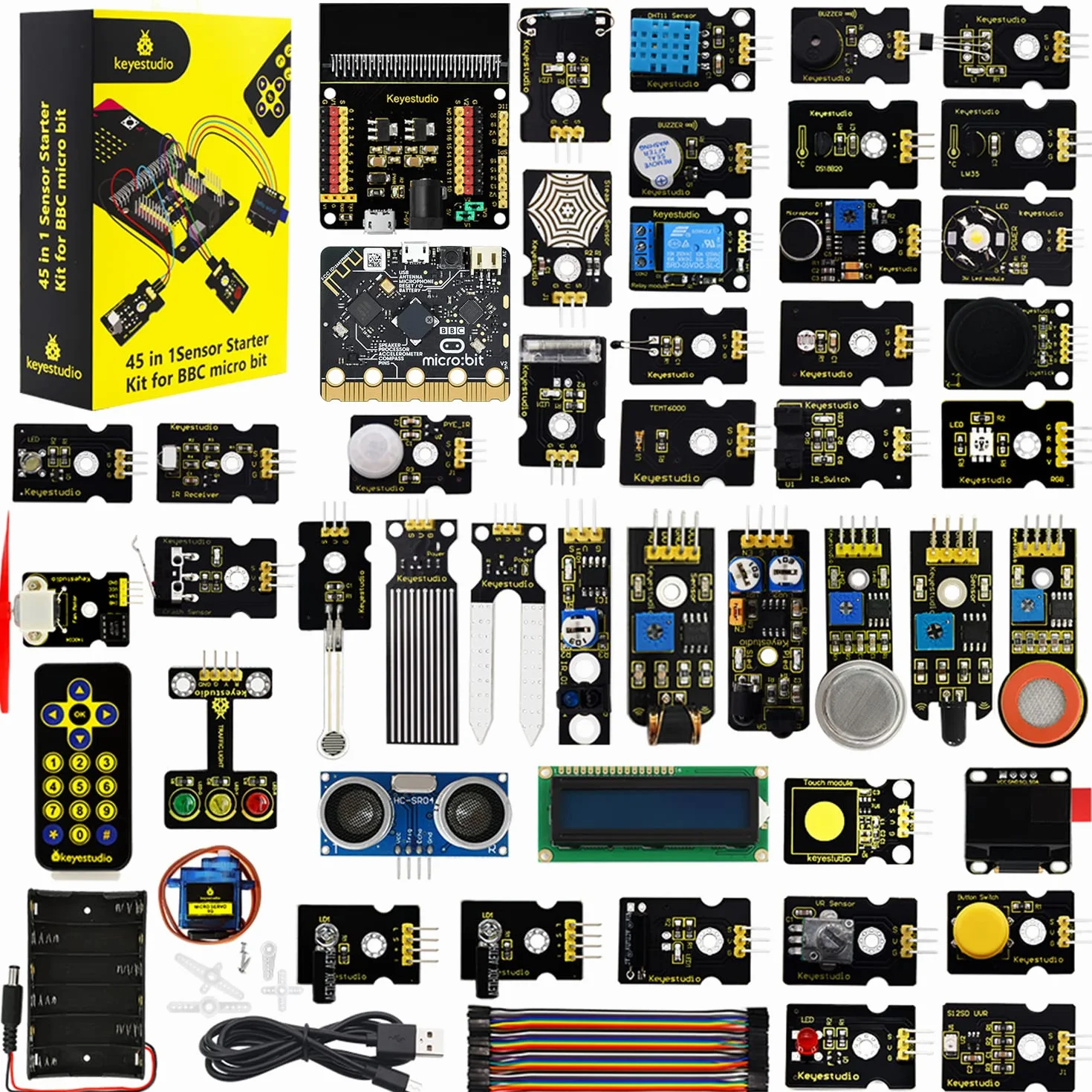 KEYESTUDIO 45 czujników, zestaw startowy z mikrofonem do BBC Microbit V2.2, czujnik Breakout Board,i2c LCD, czujnik gazu, poziom wody, przekaźnik itd. z kodowaniem tutorials, dla dzieci i dorosłych