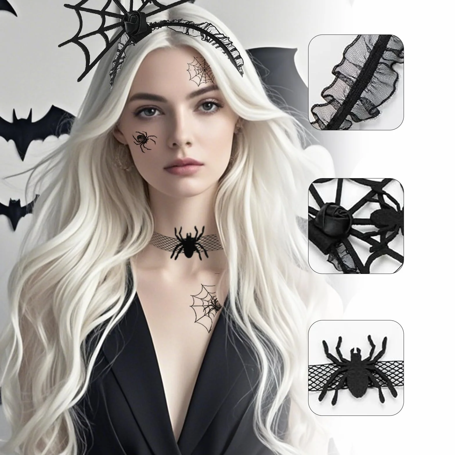 Opaska na włosy na karnawał, pająki, ozdoba do włosów, dla kobiet, z 10 arkuszami tatuaży, pająk, Halloween, akcesoria na karnawał, Halloween, imprezę, dla dzieci, do makijażu, na karnawał, imprezę,