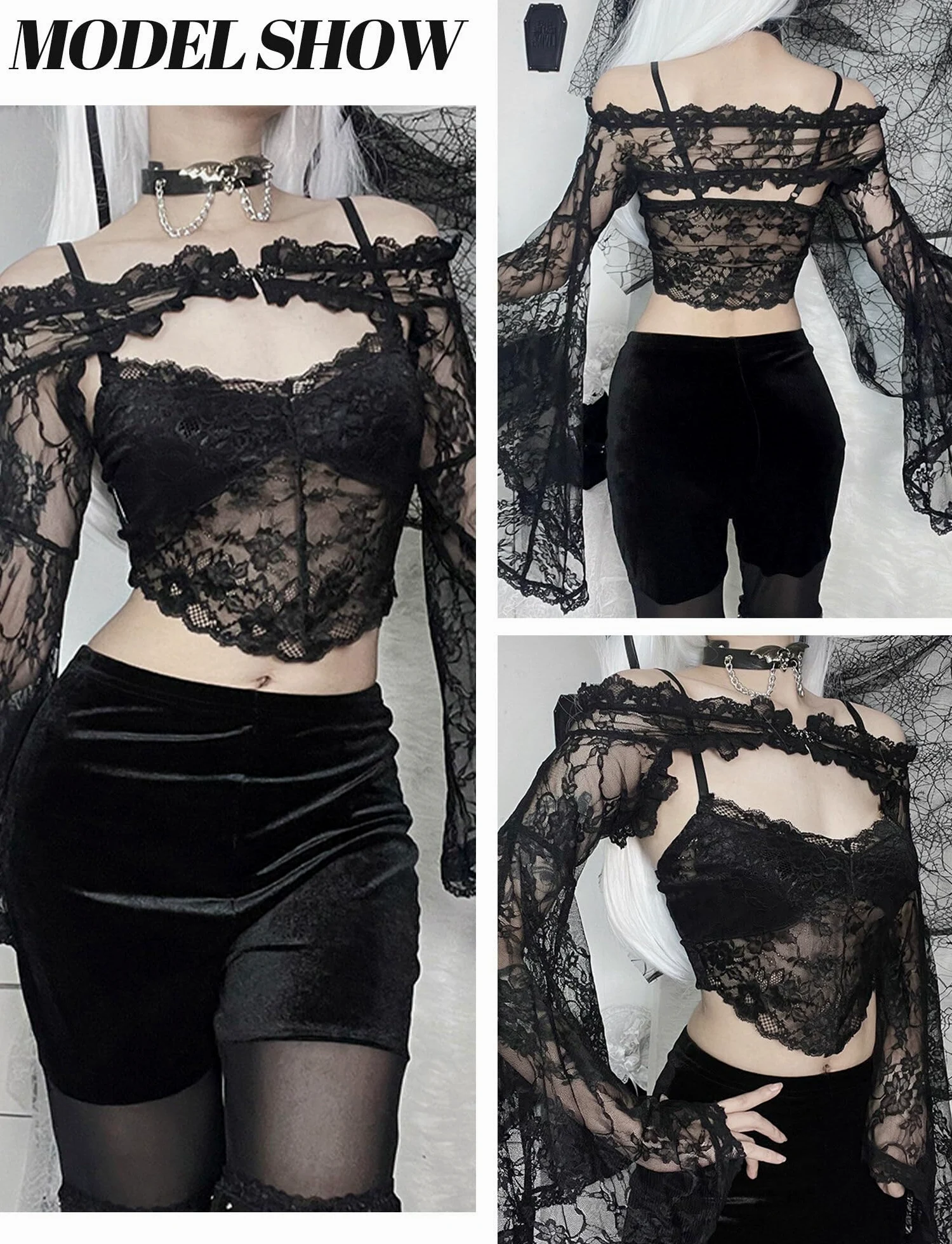 SEAUR Gothic koronkowe bolerko damskie z długim rękawem, styl vintage, punk, na imprezę, do klubu, na karnawał, Halloween