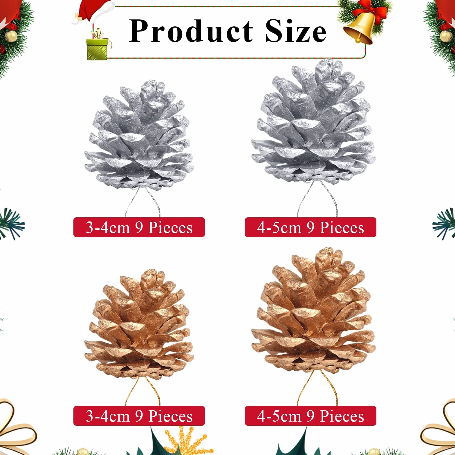 Bekecidi 36 sztuk świątecznych szyszek sosnowych, naturalne mini szyszki, Boże Narodzenie, szyszki śnieżne, ozdoby do dekoracji wnętrz, jesienne i świąteczne rękodzieła (złote + srebrne)