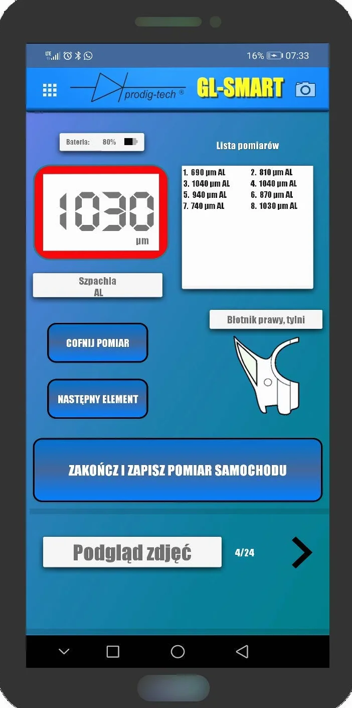 Miernik grubości lakieru GL-PRO-SMART-FAZ (PL/EN/DE) | Aplikacja mobilna | Wykrywanie cynku na stali | Sonda wbudowana kulista, sprężysta - pomiar na krzywiznach | Duży kolorowy LCD | Grubościomierz lakieru samochodowego | Tester lakieru | Stal, stal ocyn