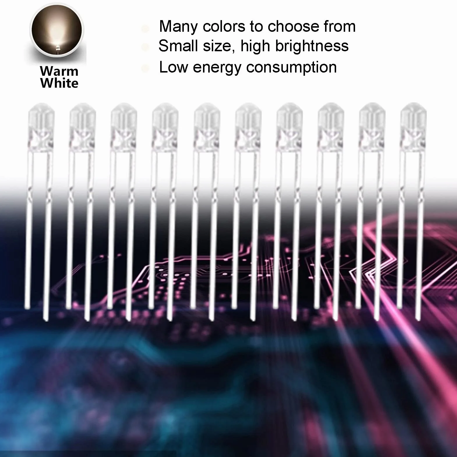 100 Sztuk Dioda LED 8 Kolorów LED Luminous Kolorowa Zestaw Komponentów Elektronicznych Obwód LED Wybrane Elementy 3mm 3V do Eksperymentu Projektu Naukowego (ciepły biały)
