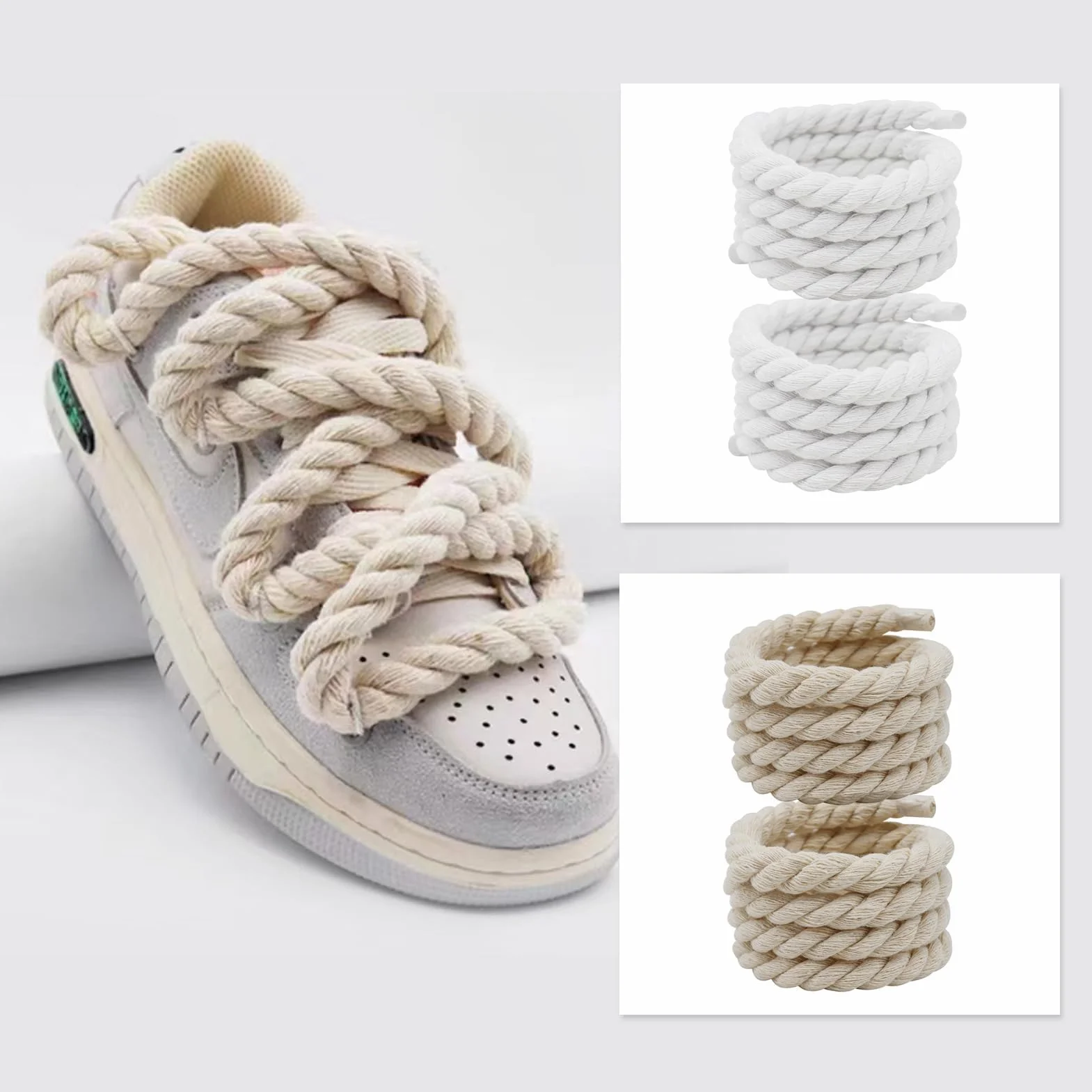 Rope Laces, 2 pary szerokich, okrągłych sznurowadeł sznurowanych do butów sportowych - 2 pary wysokiej jakości okrągłych sznurowadeł z bawełny - biały i beżowy - 160 cm, biały beżowy, 150