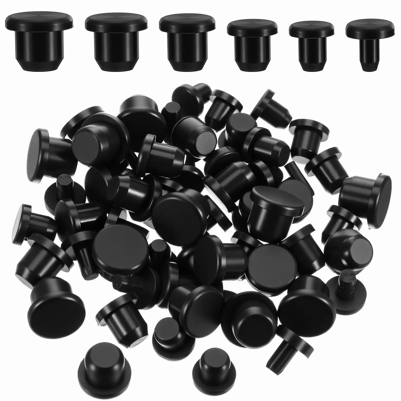 60 sztuk gumowych zatyczek okrągłych, 6 rozmiarów, wodoszczelne silikonowe zatyczki do otworów, 4 mm/5,5 mm / 6,5 mm / 7,5 mm / 8,5 mm / 9,5 mm, zaślepki do butelek, rur, mebli (czarne)