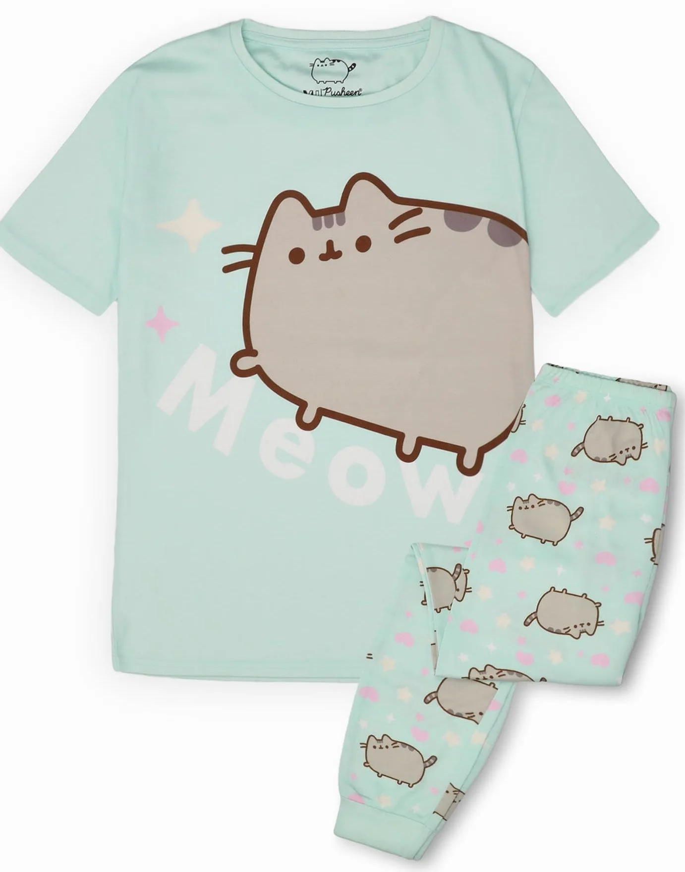 Pusheen Komplet piżam dziewczęcych zielona odzież domowa T-shirt krótki rękaw spodnie długie nogawki nadruk