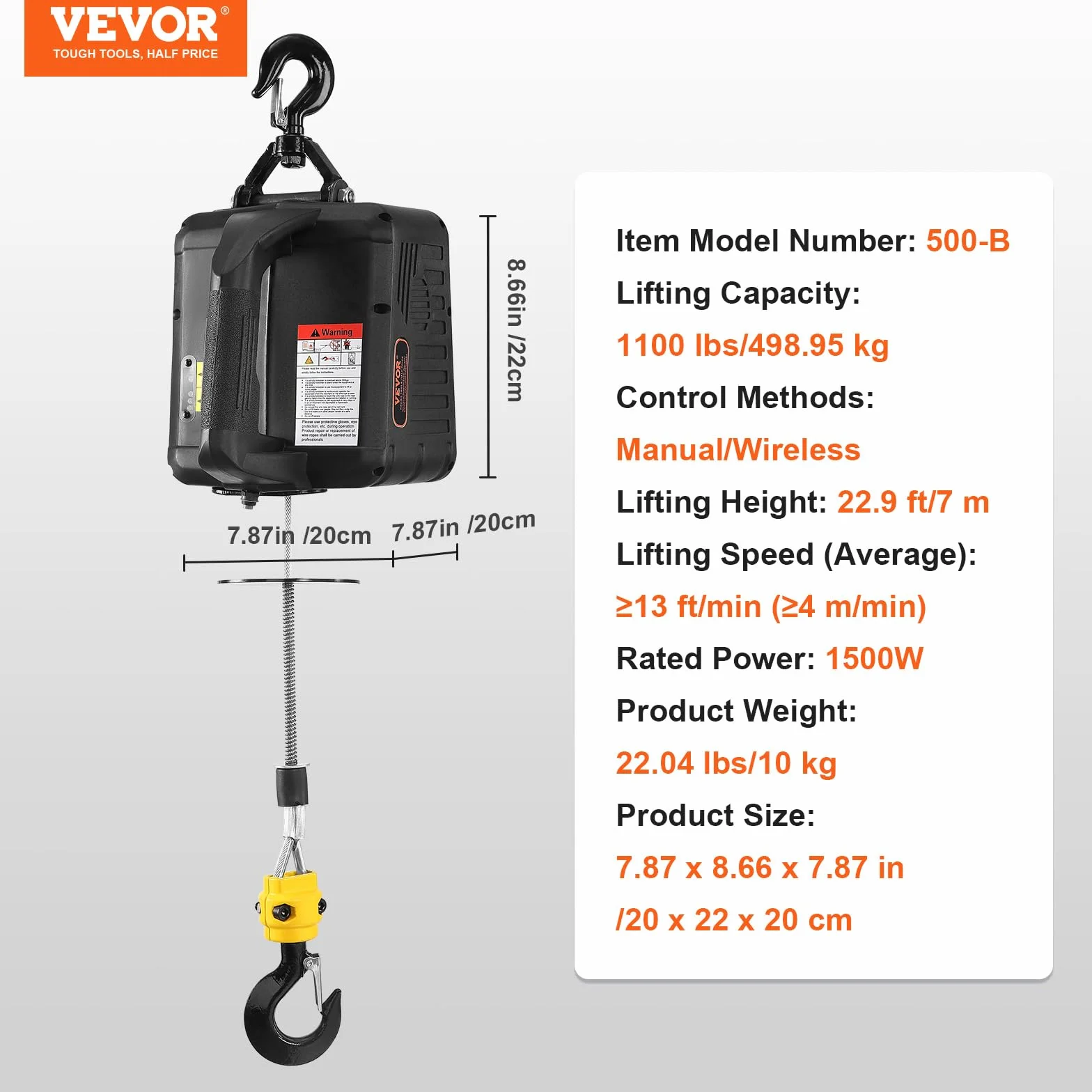 VEVOR Elektryczna wciągarka linowa 2 w 1, nośność 498,95 kg, prędkość podnoszenia ≥ 4 m/min, wysokość podnoszenia 7 m, podnośnik linowy, 1500 W, 2 tryby sterowania, ręczny/bezprzewodowy