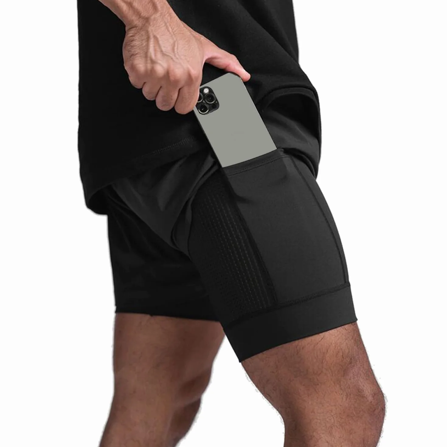 Spodenki do biegania męskie 2 w 1, spodenki sportowe do treningu letniego biegania kompresji fitness domowe spodenki do biegania, oddychające, szybkoschnące z kieszenią na zamek błyskawiczny