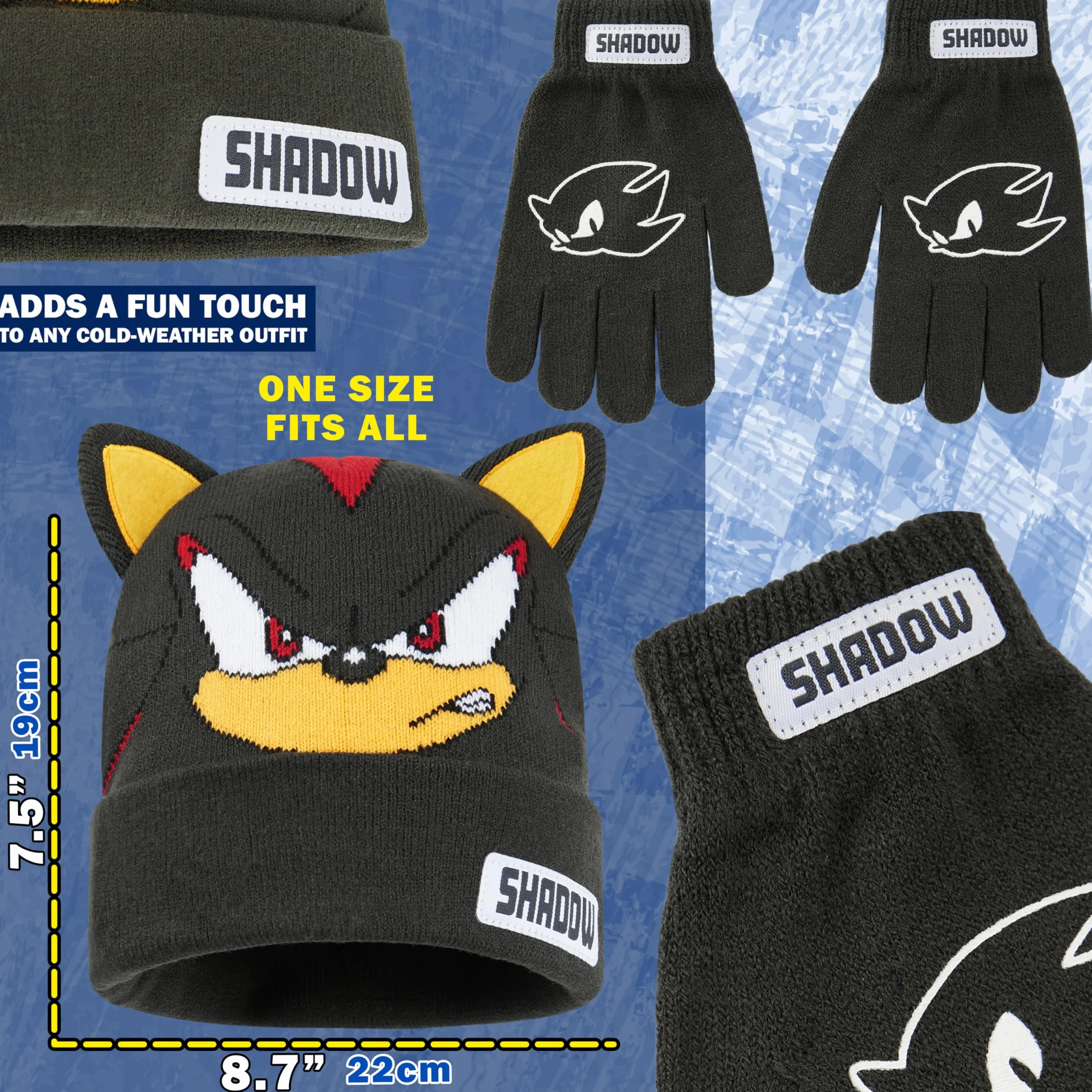 SONIC THE HEDGEHOG Czapka beanie i zimowe rękawiczki zestaw dla chłopców w wieku 4-12 lat, ciepłe, przytulne dzianinowe akcesoria zimowe, prezenty dla chłopców