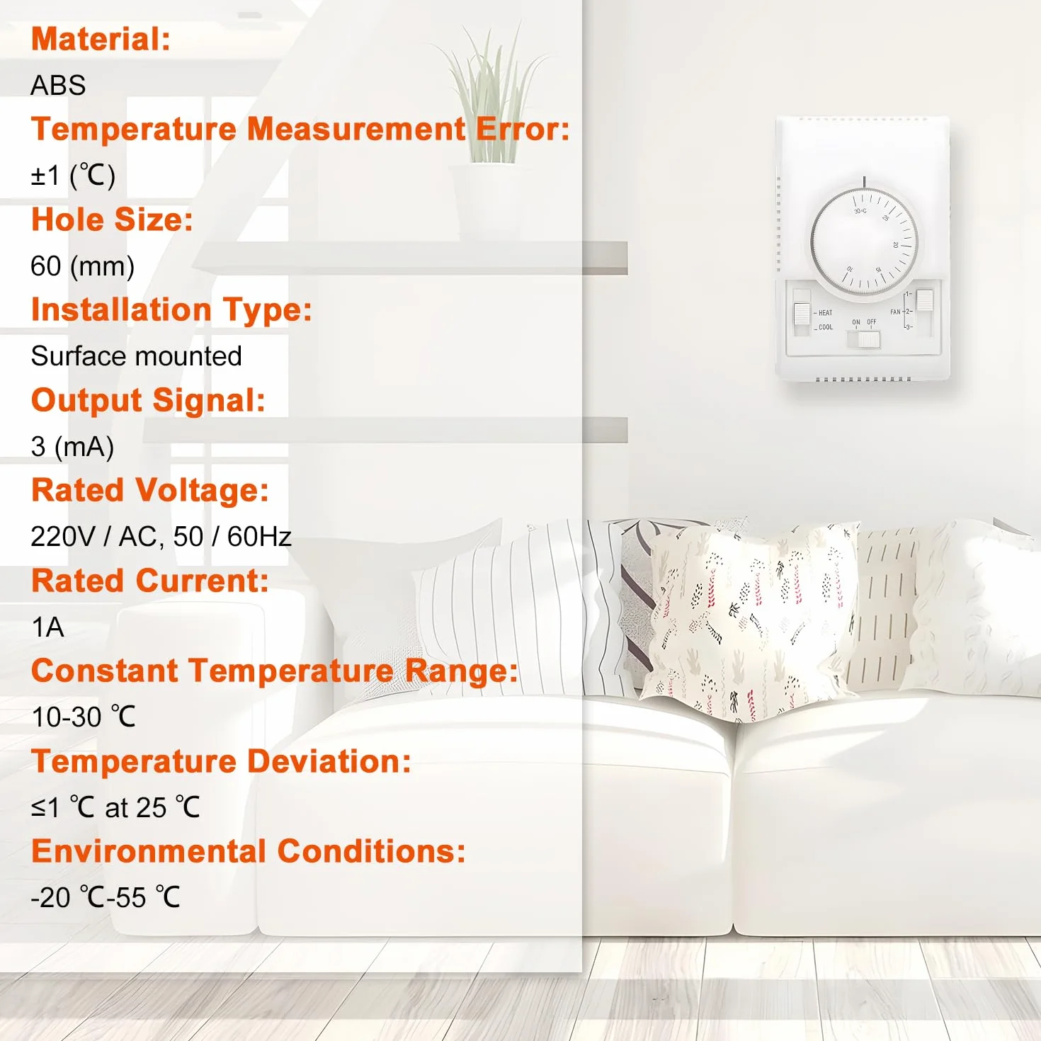 VOBOR Termostat pokojowy 10-30℃ AC 220 V, mechaniczny regulator temperatury z dwukierunkowym przyciskiem, ręczny termostat do centralnej klimatyzacji, wentylatora, termostatu