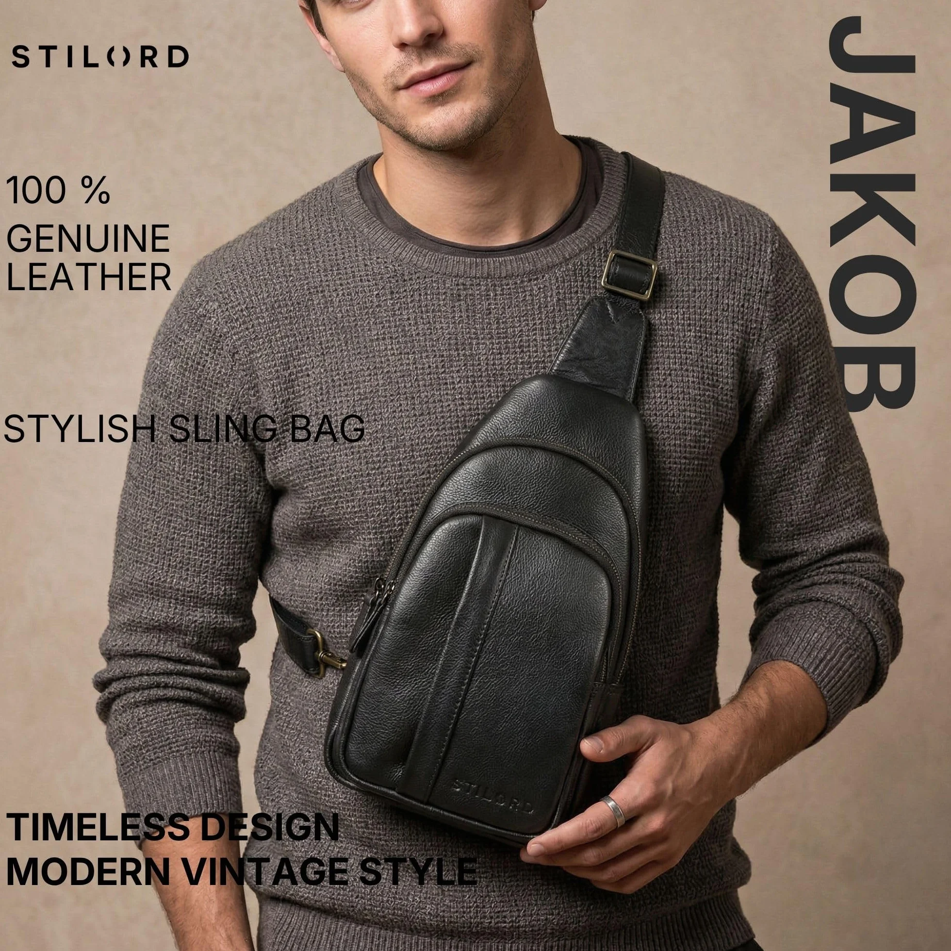 STILORD "Jakob" Duża Skórzana Torba Sling Dla Mężczyzn Saszetka Na Klatkę Piersiową Crossbody Torba Na Ramię Z Karabińczykiem I Kieszenią Antykradzieżową Kolor:czarny