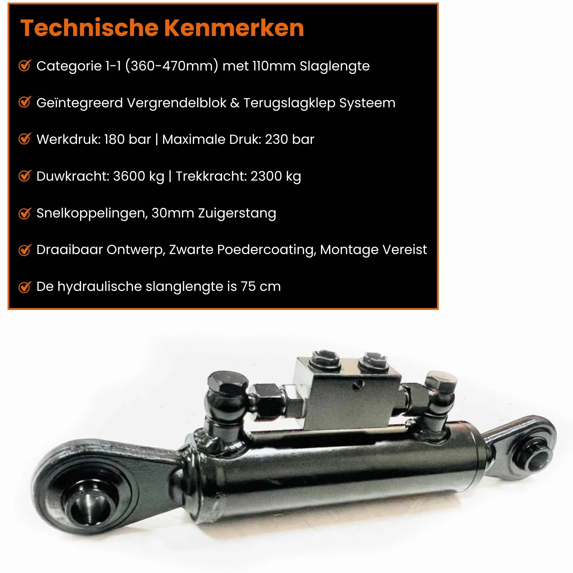Łącznik górny hydrauliczny kat. 1-1 360-470 mm z 2 x wężami