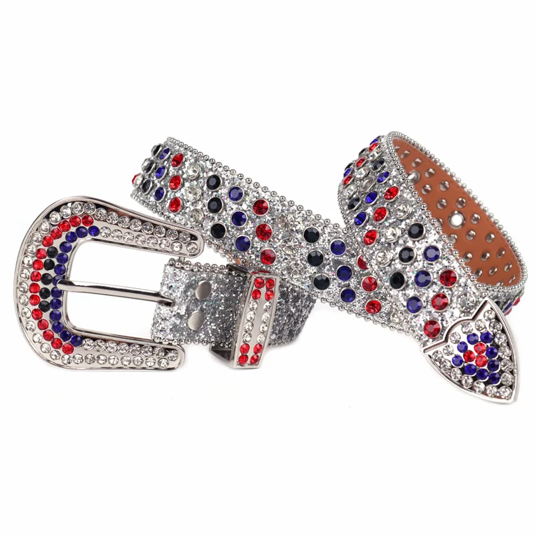 Moda Western Bling kryształ górski pasek kolorowy diament luksusowy sznurek z ćwiekami pasek damski męski do dżinsów niebieski 112 cm