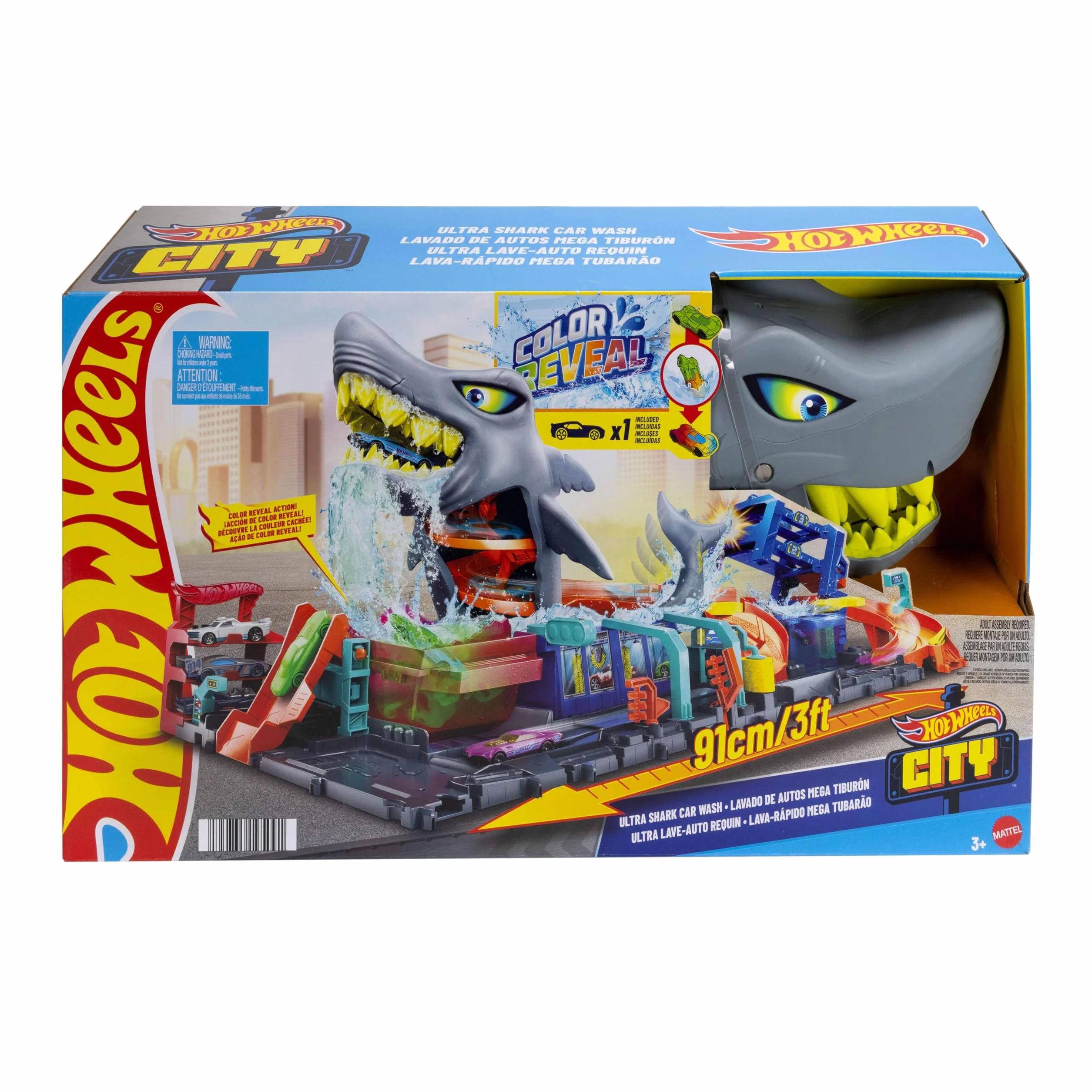 Hot Wheels City Ultra „Let's Race – Na start!” Netflix - Myjnia Rekina Zestaw do zabawy z pojazdem Color Reveal w skali 1:64 i z funkcją zmiany koloru + miejsce do przechowywania, HTN82