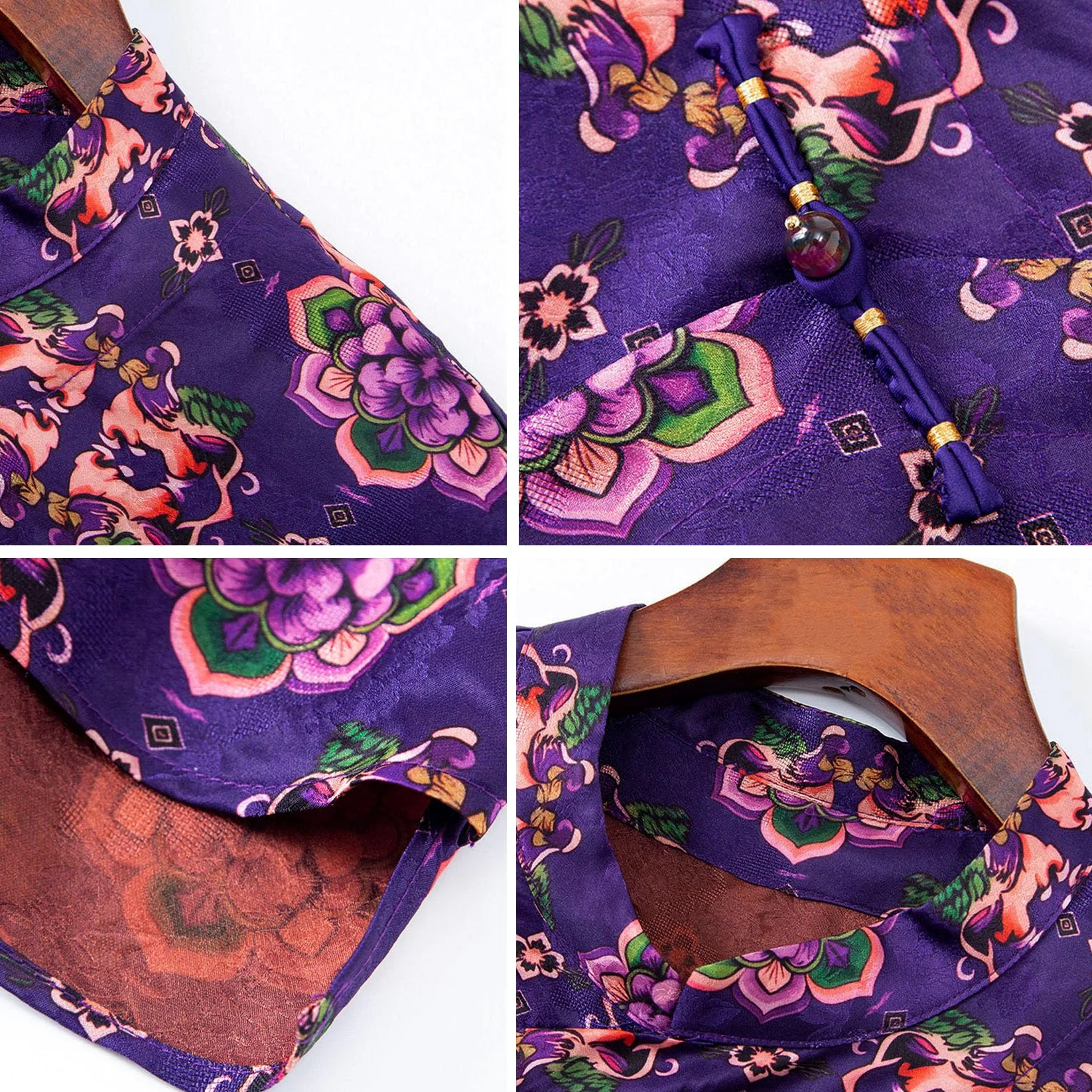 HangErFeng Damska jedwabna żakardowa fioletowa Baoxianghua Mandarin Duck Print asymetryczna bluzka z wysokim stanem 649