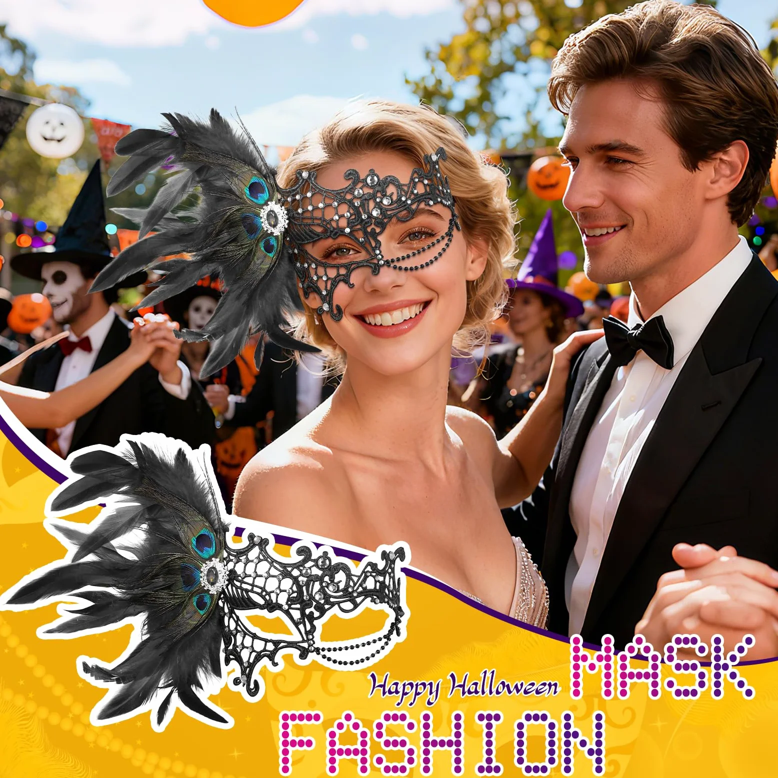 JewelryWe Wenecka monokel maska damska, elegancka maskarada, półmaska z pawimi piórami/strasem, gotycka maska monokelowa, maska jednooczna, kostium na imprezę, karnawał, Halloween, cosplay