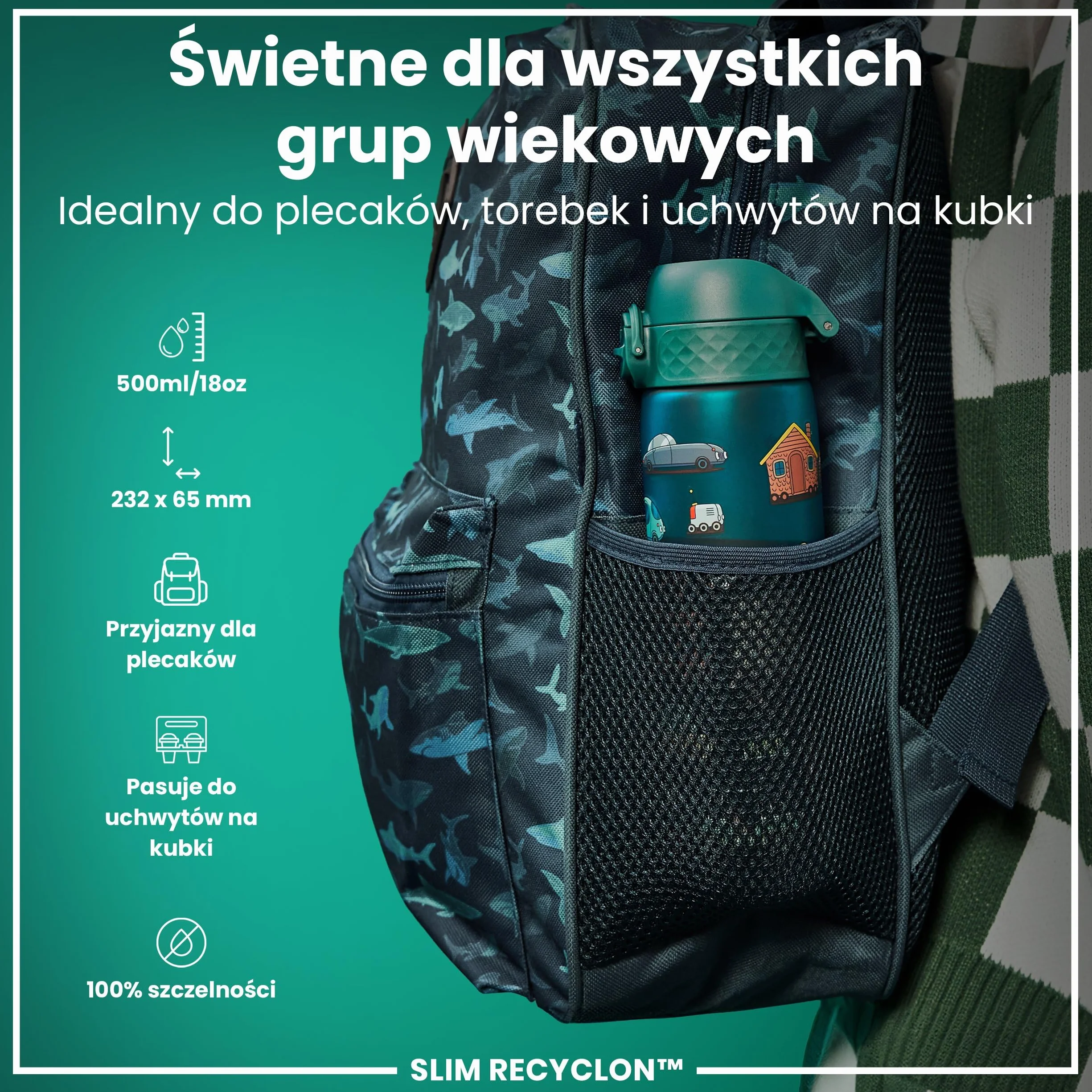 ION8 Butelka na Wodę, 500 ml/18 oz, Szczelna, Łatwe Otwieranie, Bezpieczny Zamek, Można Myć w Zmywarce, Bez BPA, Higieniczne Pokrycie, Uchwyt do Przenoszenia, Łatwa Czyszczenie, Bezwonny, Samochody