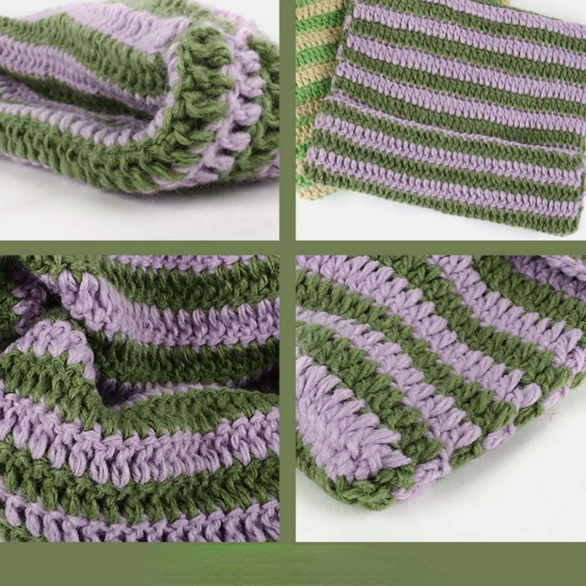 Fairy Grunge Beanie Y2K kot w kapeluszu w paski szydełkowany luźny kapelusz zimowy ciepły dzianinowy alternatywny nakrycie głowy akcesoria