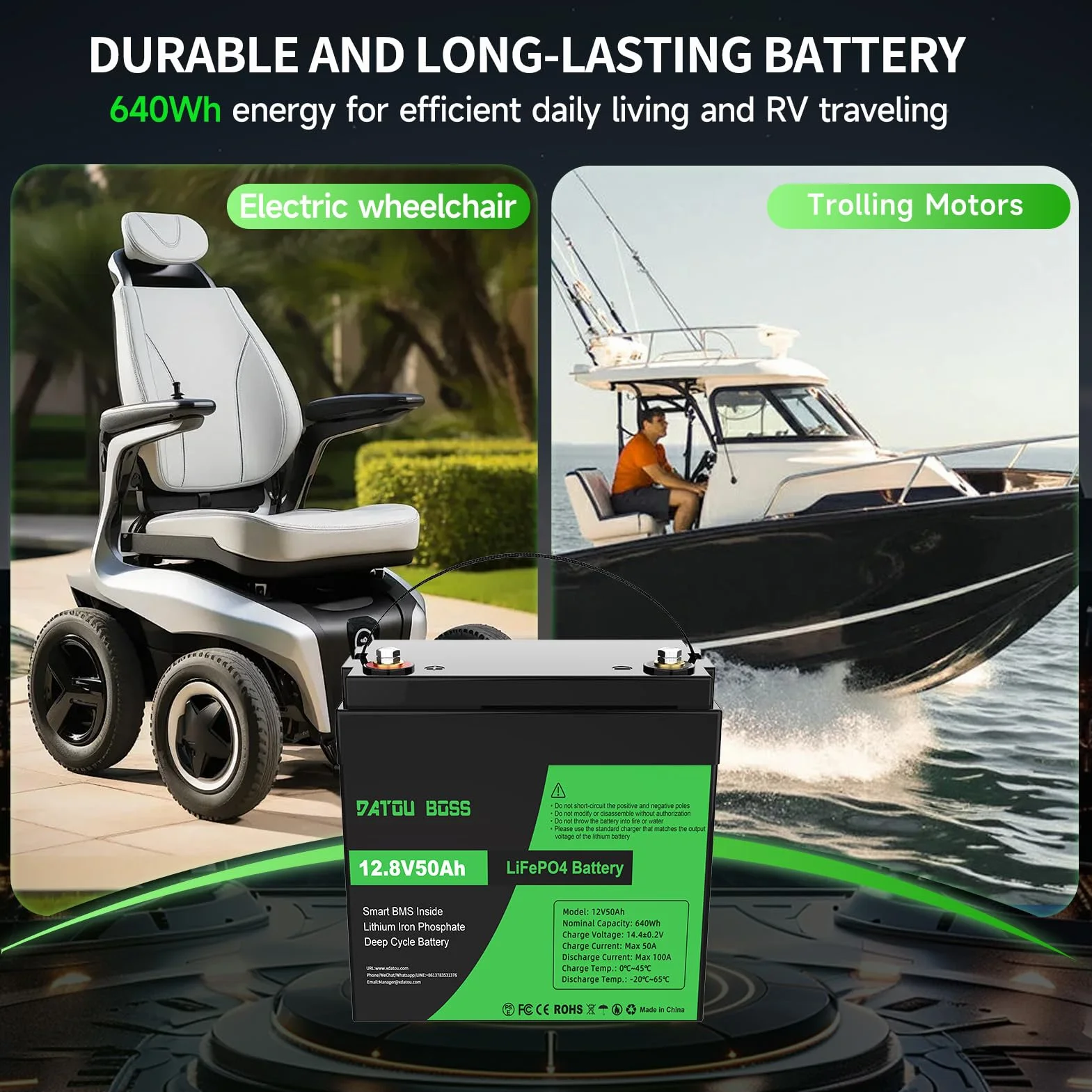 DATOUBOSS 12V 50Ah Akumulator LiFePO4 [Zestaw 2], BMS 50A, Ogniwa Grade-A, 15000 Cyklów, Lekki do Kampera, Łodzi, Silnika Trollingowego, Kempingu i Systemów Solarnych