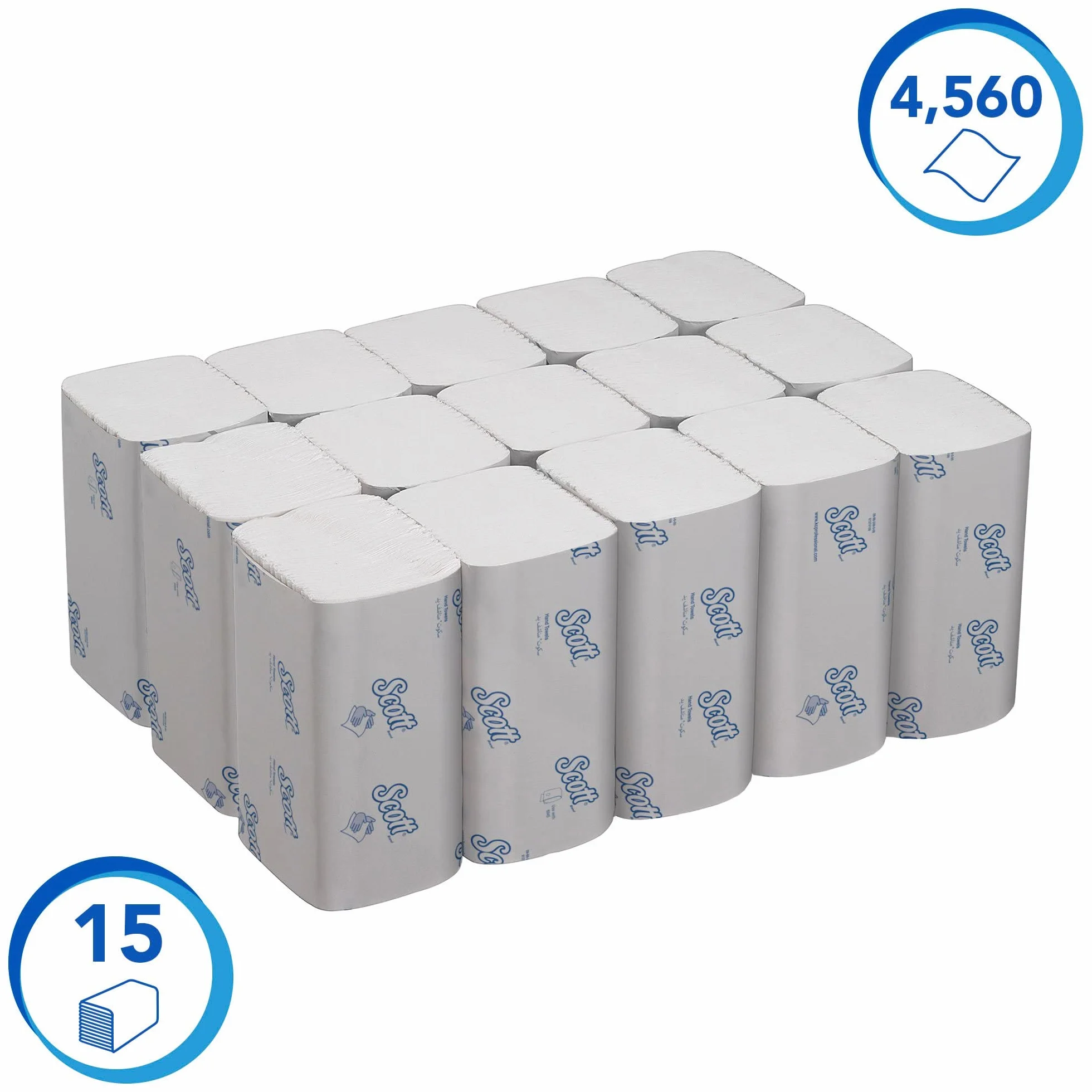 Ręczniki do rąk składane naprzemiennie Scott Performance 6689 — 15 opakowań x 274 białych, 1-warstwowych arkuszy, w rozmiarze małym