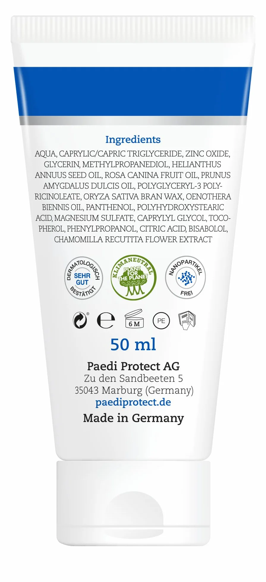 PAEDIPROTECT Krem do ochrony ran, dla niemowląt, 50 ml, maść na ranę bez perfum i silikonów, wegański krem dla niemowląt, ochrona wrażliwej skóry dziecka w obszarze pieluch, bio-rumianek maść lecznicza pomaga w zaczerwienieniu