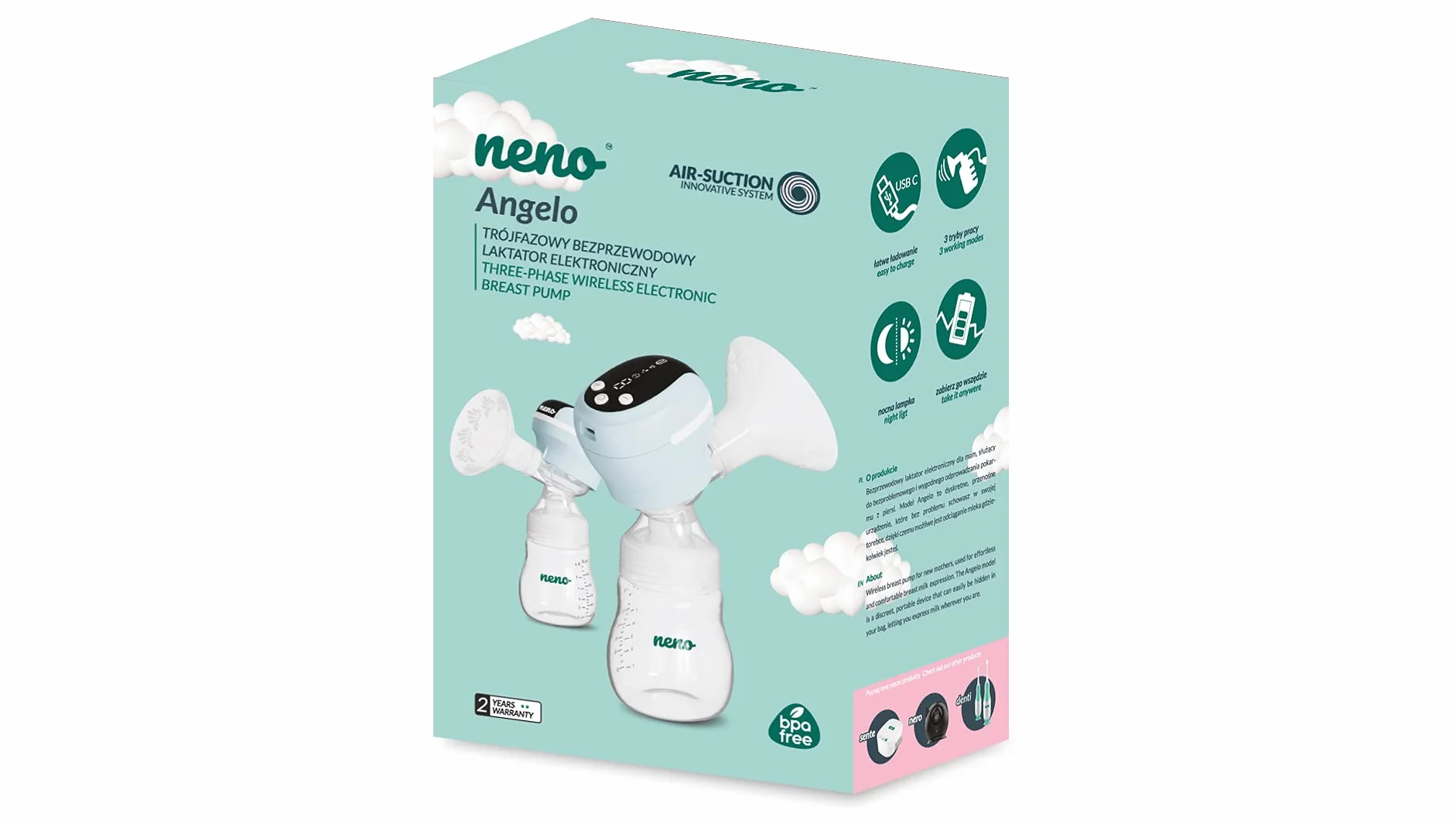 Neno® ANGELO laktator z trybami 3 i poziomami 9, elektroniczny, trzyfazowy, automatyczny laktator, ekran dotykowy, smoczek, akumulator, bezprzewodowy, elektryczny