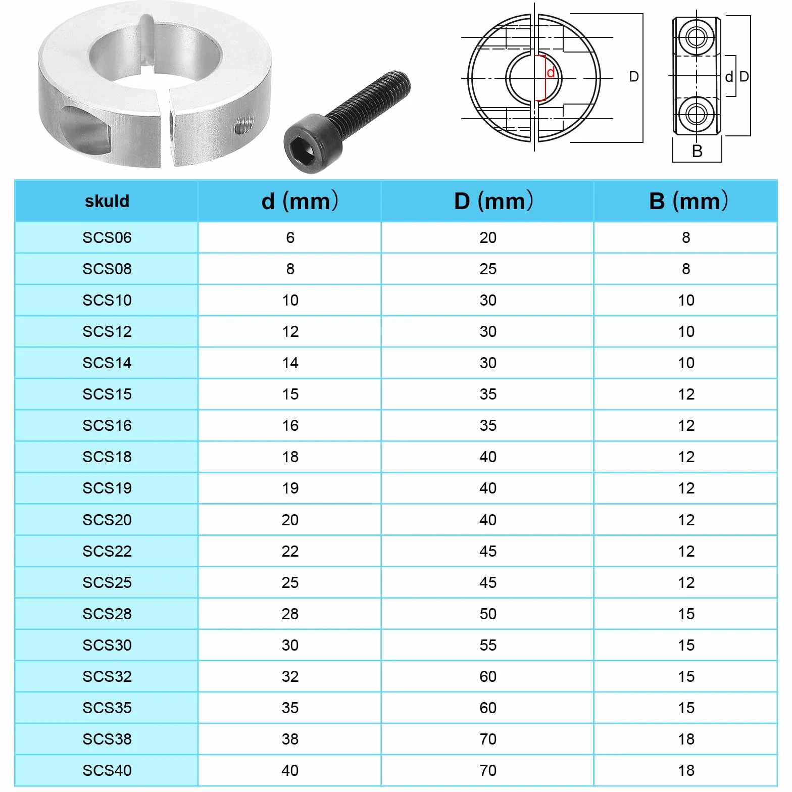 PATIKIL Otwór 8 mm pojedynczy kołnierz zaciskowy dzielony 25 mm lub 8 mm grubość, 4 szt. Kołnierz blokujący ze stopu aluminium ze śrubą mocującą dla przemysłu maszynowego, srebrny