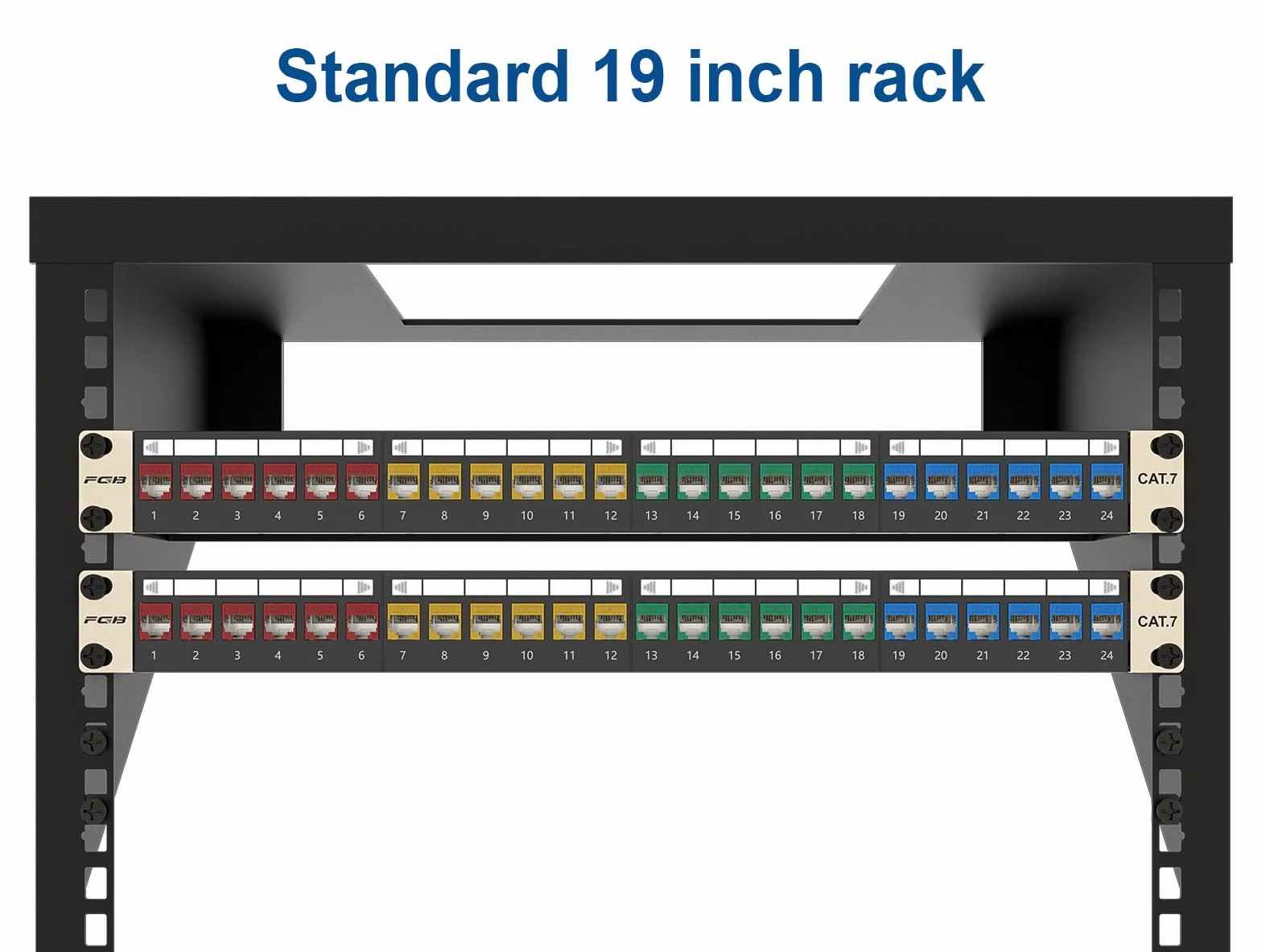 FGB Panel krosowy 10 Gbps 24 porty CAT7 24 x kolorowe moduły Cat7 Keystone, 19" montaż w stelażu RJ45 LAN Sieć 600 MHz kabel instalacyjny do przełączników sieciowych Gigabit